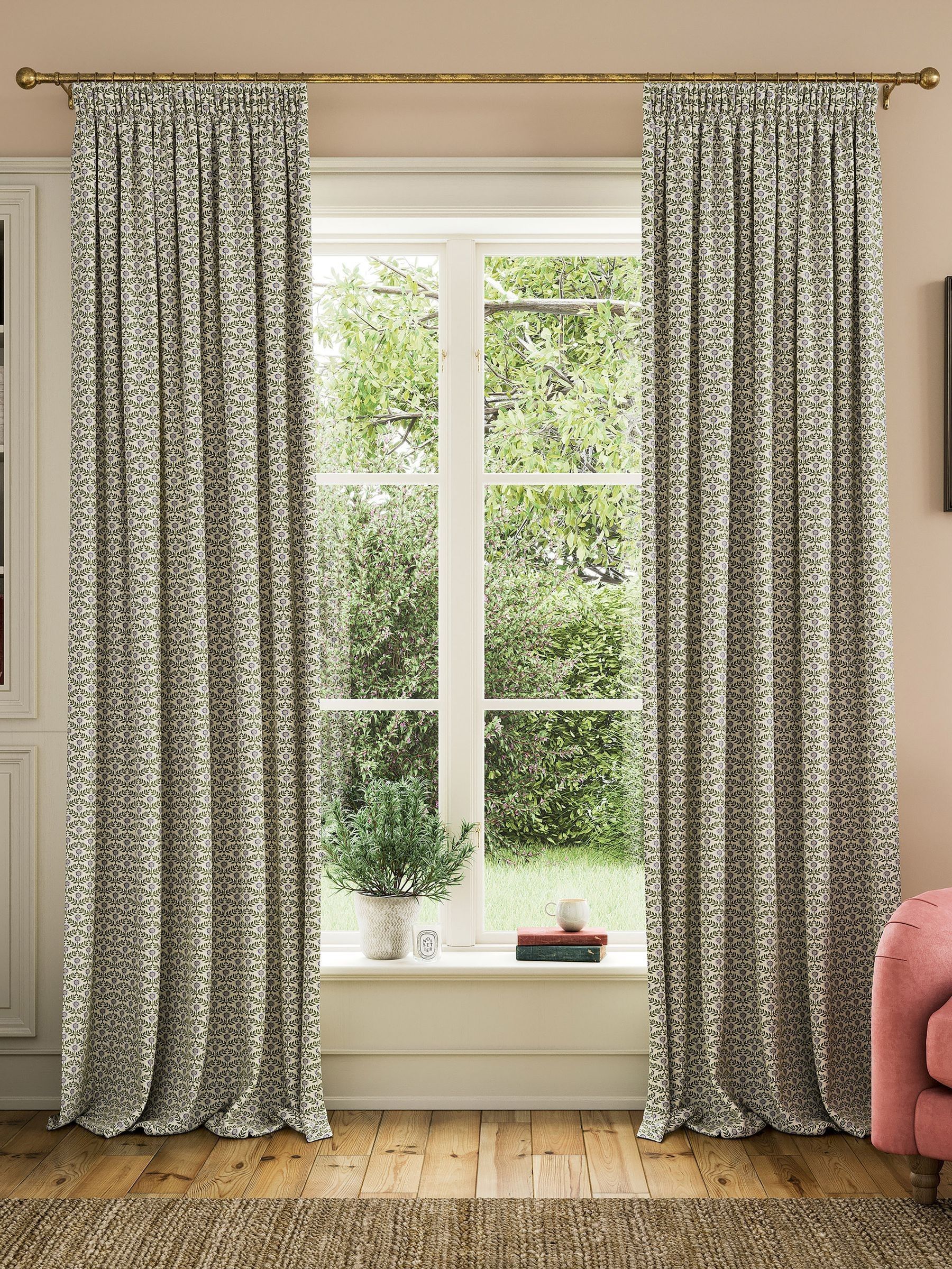Cream Floral Foulard Lined Pencil Pleat Curtains - Image 1 of 1 Cream Floral Foulard Lined Pencil Pleat Curtains - Image 1 of 1