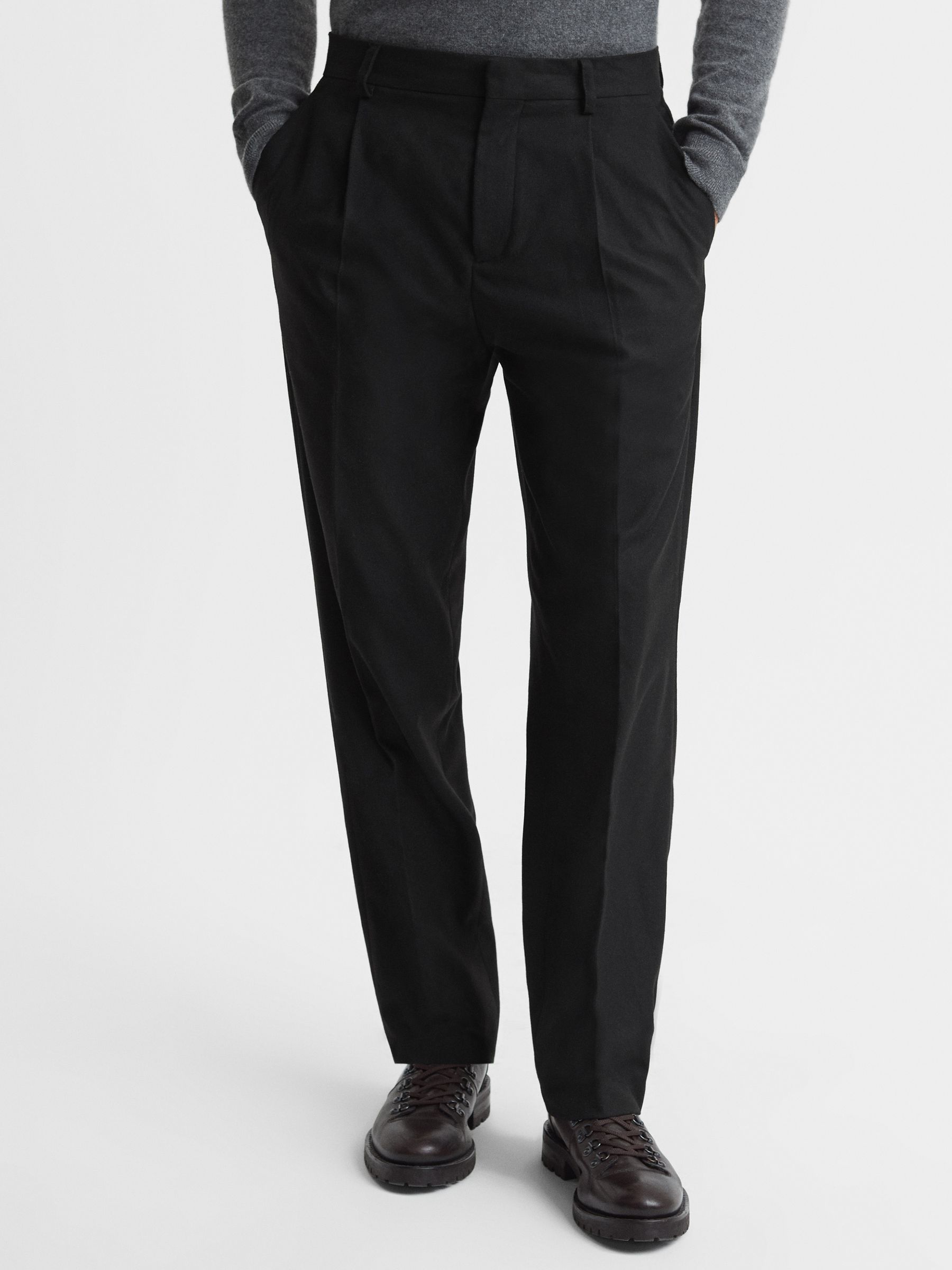 Slim Fit Flannel Trousers in Black - Image 1 of 5