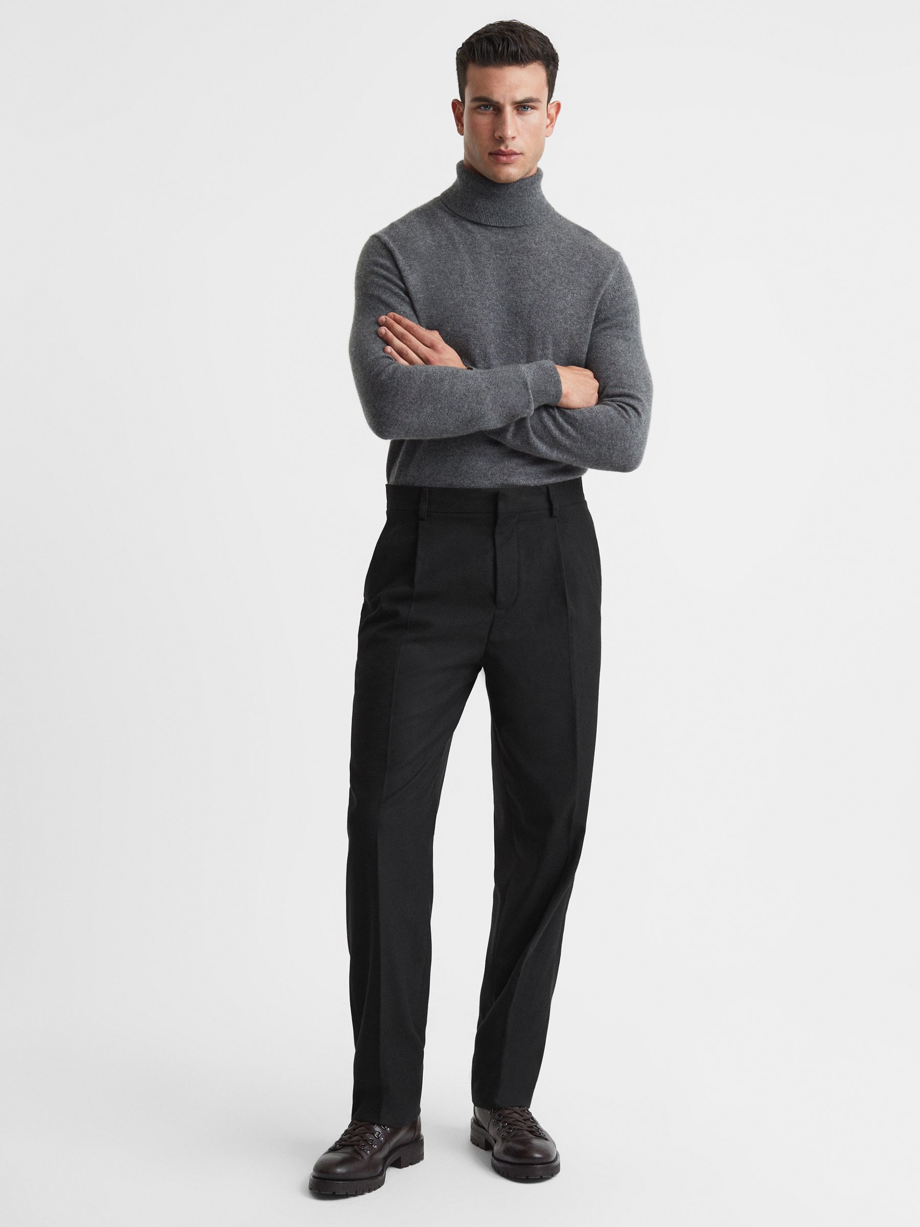 Slim Fit Flannel Trousers in Black - Image 4 of 5