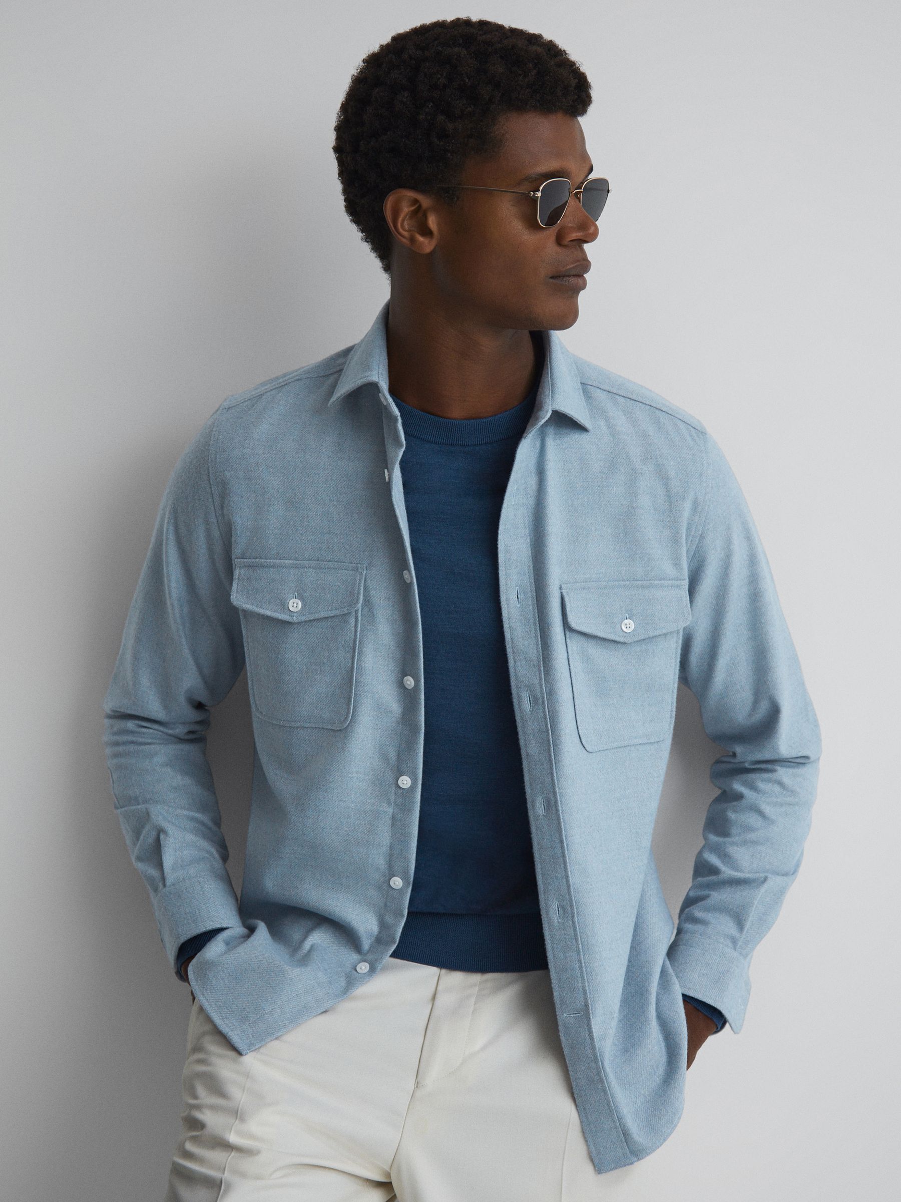 Button-Through Twin Pocket Overshirt in Soft Blue Melange - Image 1 of 4