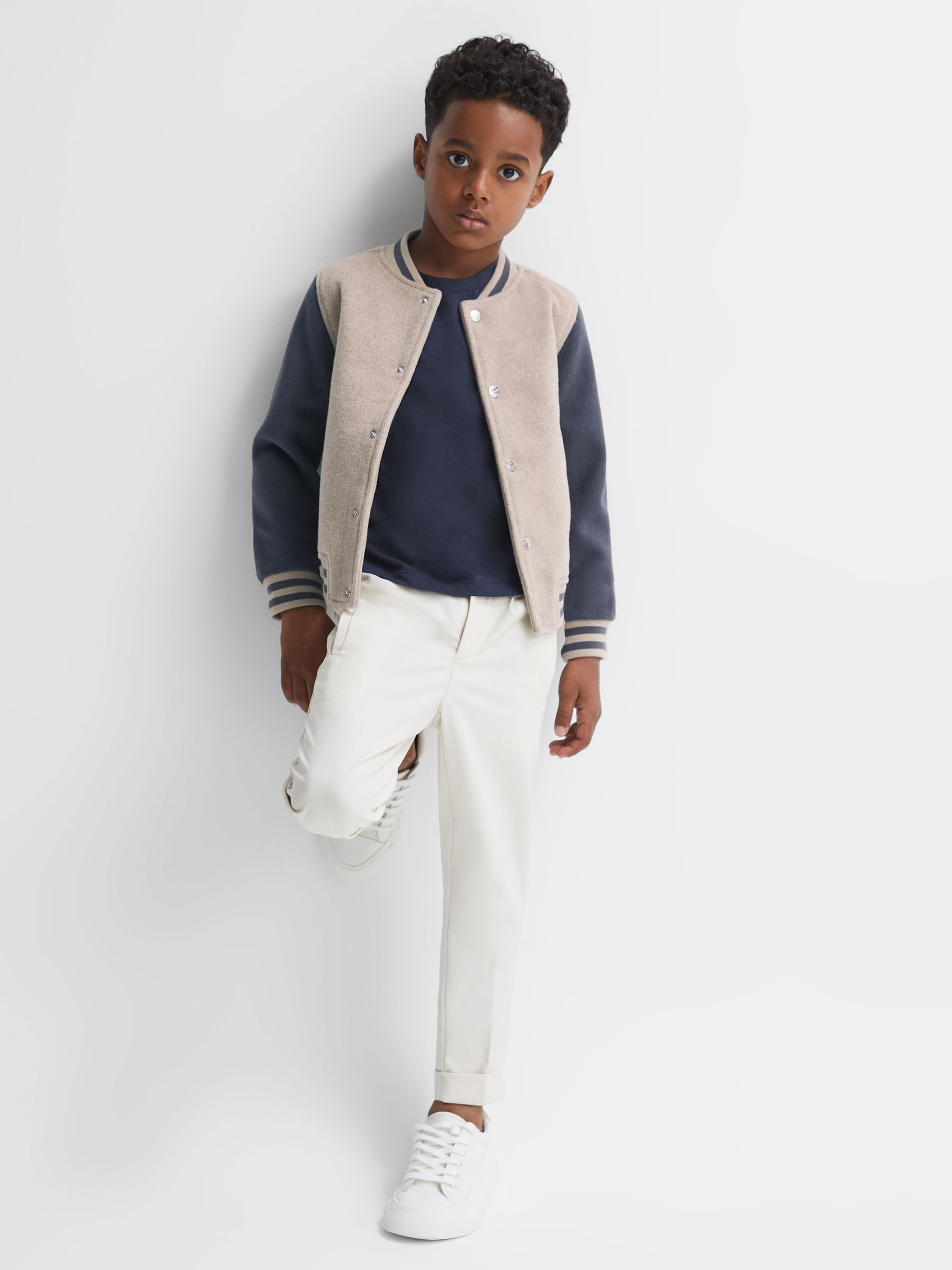 9-14 yrs Wool Blend Varsity Bomber Jacket in Stone/Airforce Blue - Image 1 of 7