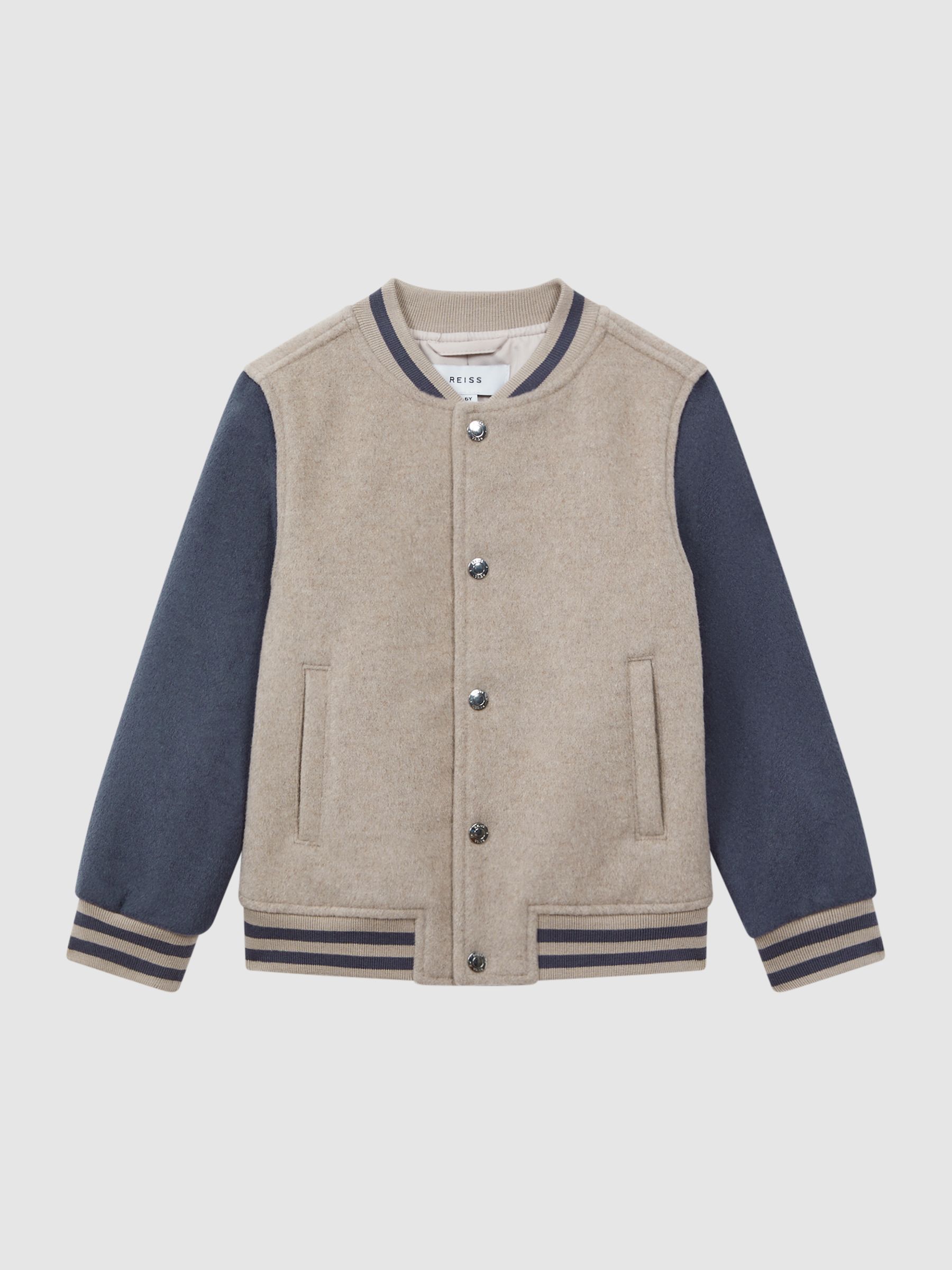 9-14 yrs Wool Blend Varsity Bomber Jacket in Stone/Airforce Blue - Image 2 of 7