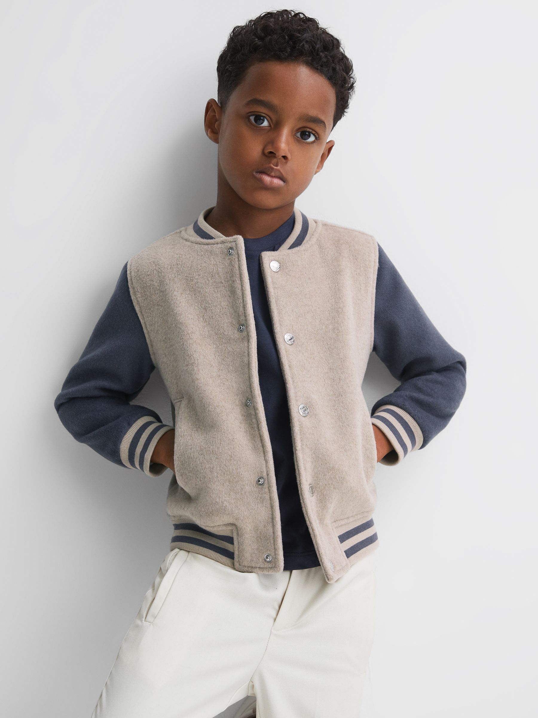 9-14 yrs Wool Blend Varsity Bomber Jacket in Stone/Airforce Blue - Image 3 of 7