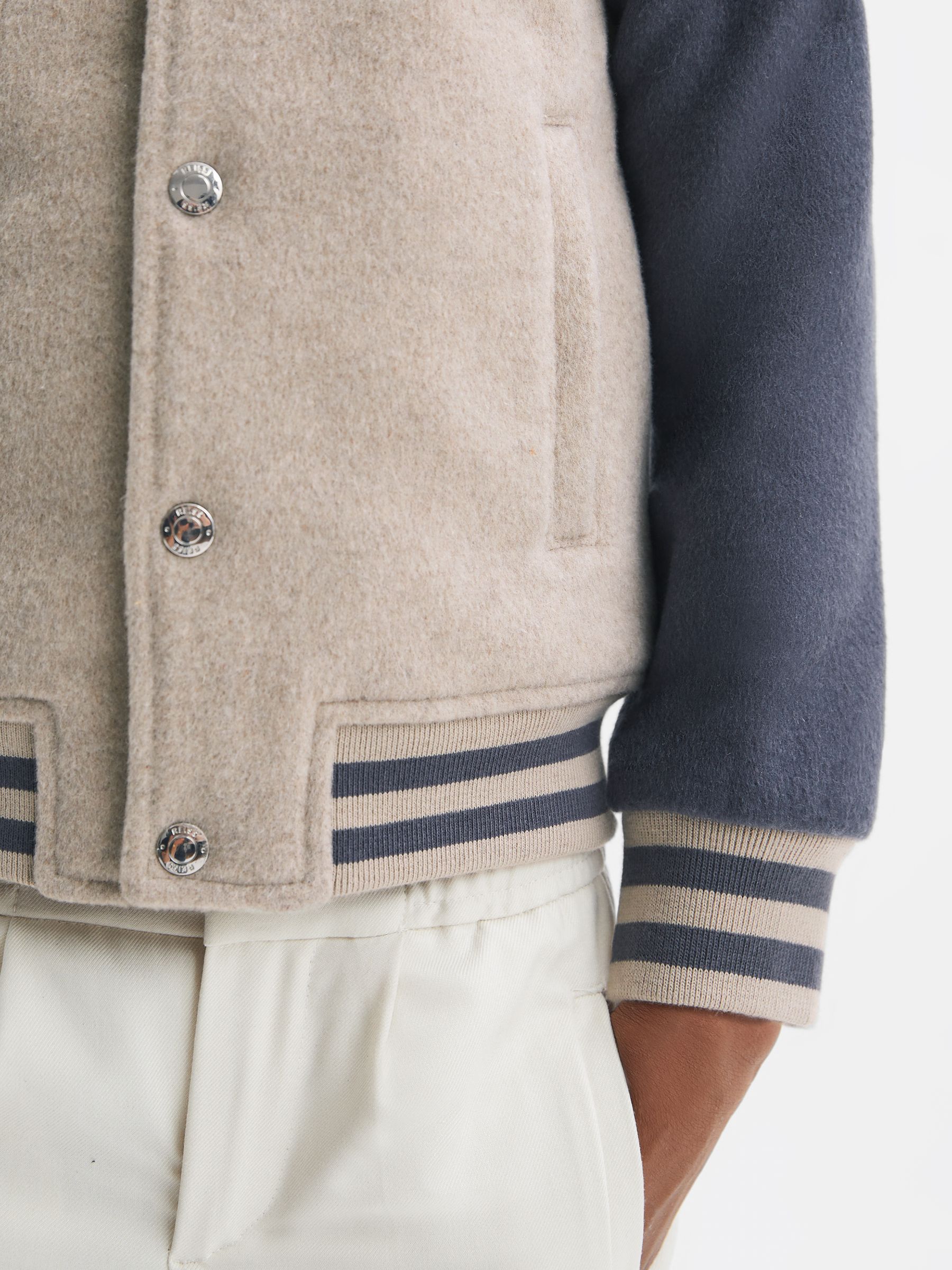 9-14 yrs Wool Blend Varsity Bomber Jacket in Stone/Airforce Blue - Image 5 of 7