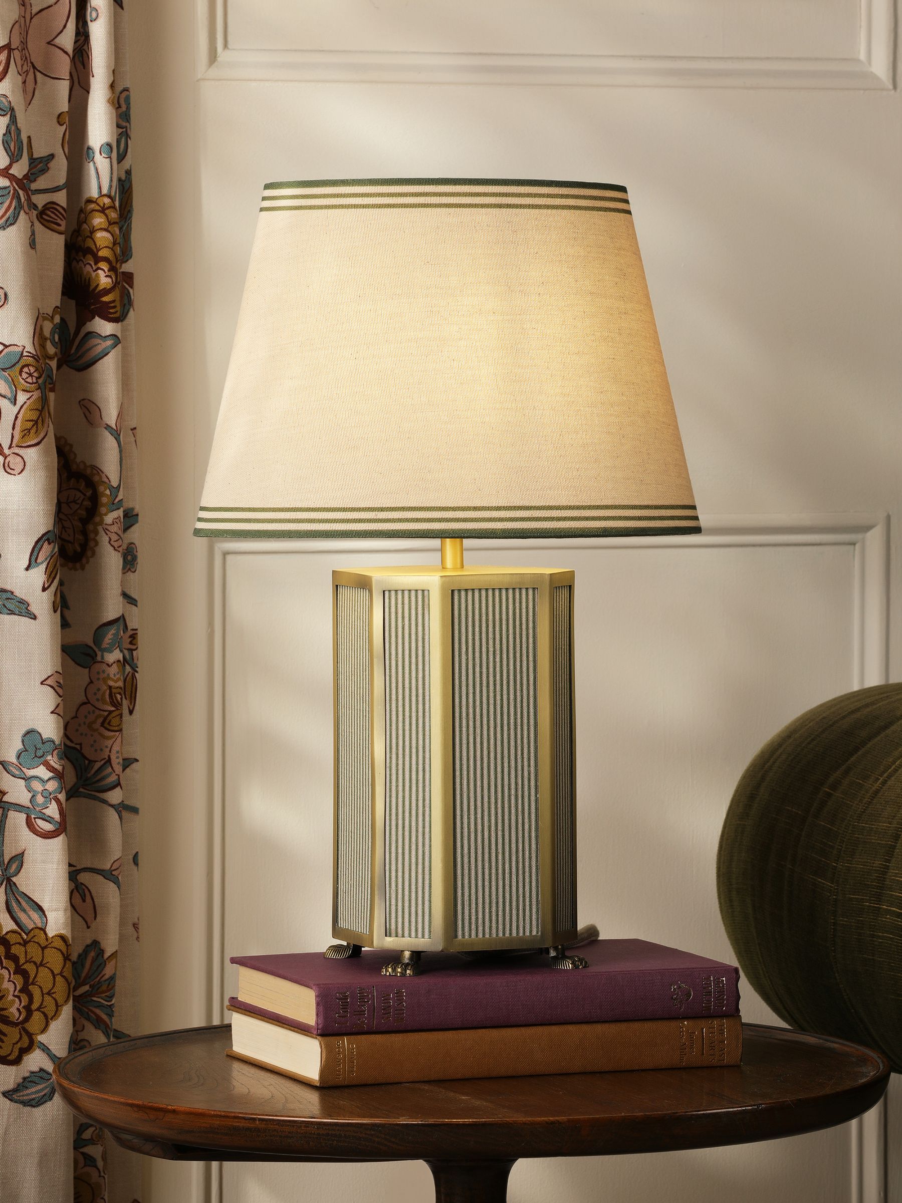 White & Green Helmingham Antique Brass Claw Foot Table Lamp - Image 1 of 6