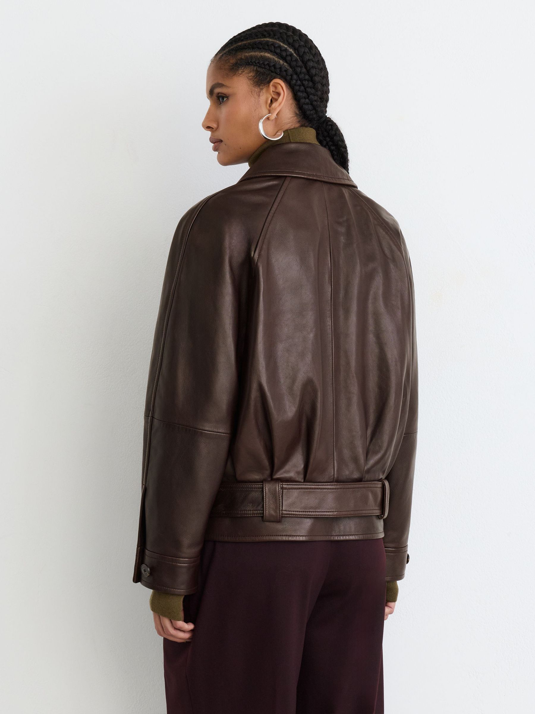 Leather Belted Raglan-Sleeve Jacket in Dark Burgundy - Image 10 of 11