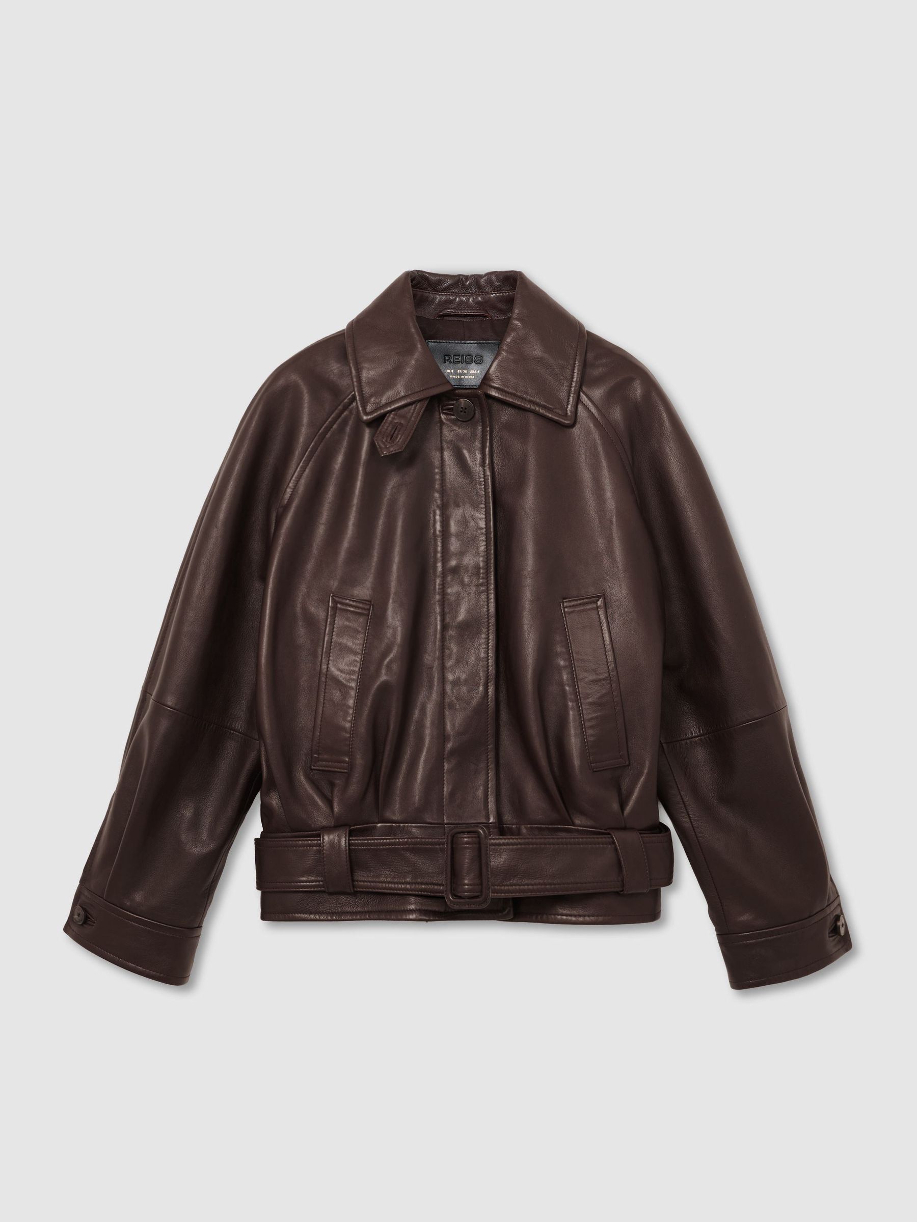 Leather Belted Raglan-Sleeve Jacket in Dark Burgundy - Image 2 of 11 Leather Belted Raglan-Sleeve Jacket in Dark Burgundy - Image 2 of 11
