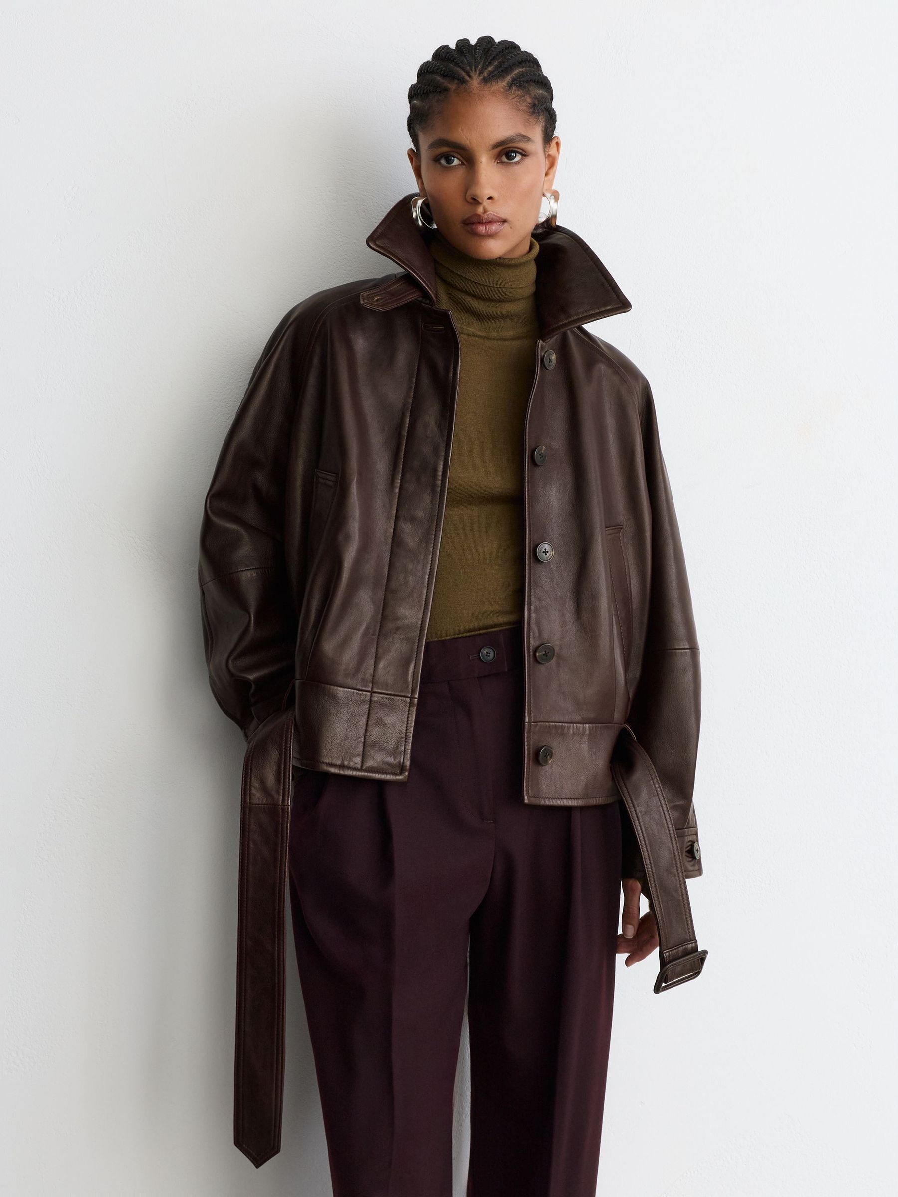 Leather Belted Raglan-Sleeve Jacket in Dark Burgundy - Image 4 of 11