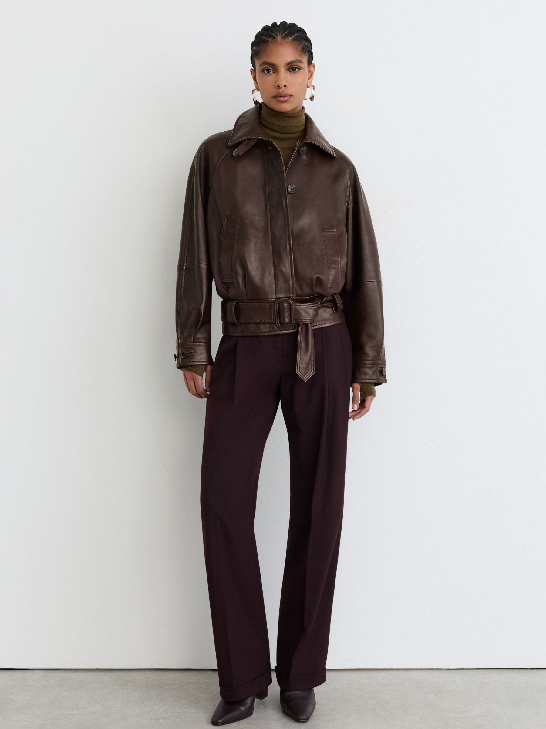 Leather Belted Raglan-Sleeve Jacket in Dark Burgundy - Image 5 of 11