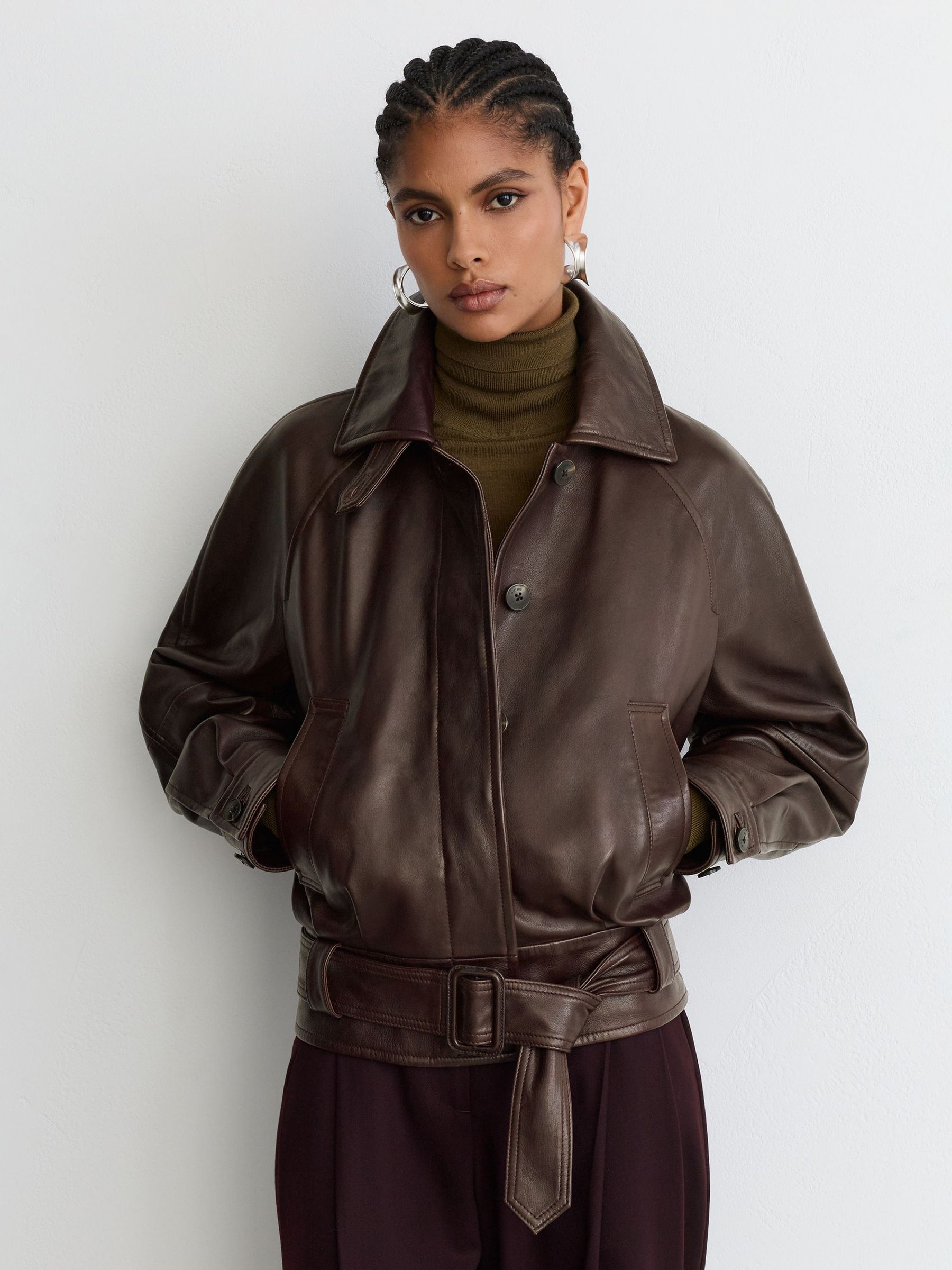 Leather Belted Raglan-Sleeve Jacket in Dark Burgundy - Image 7 of 11