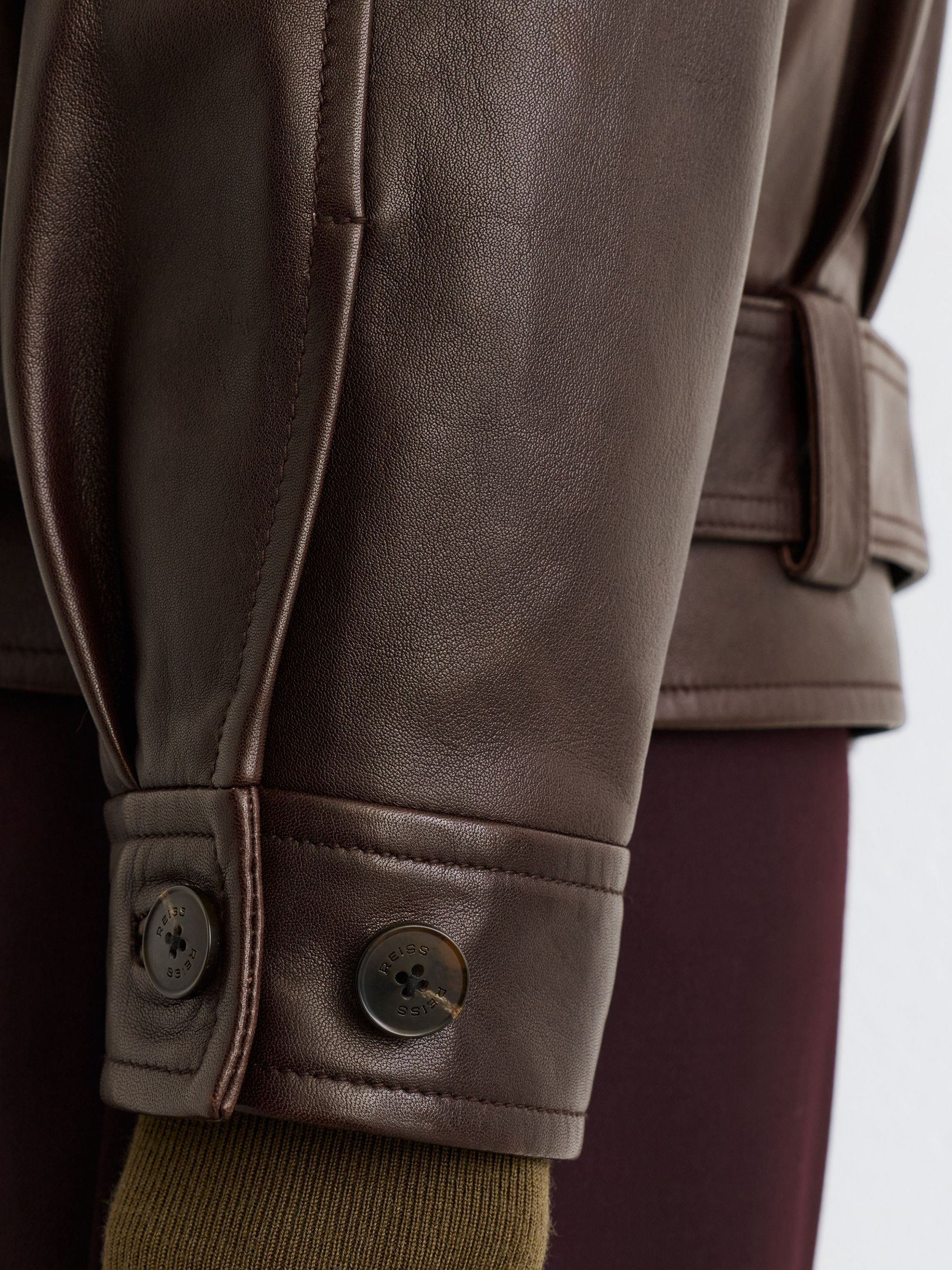 Leather Belted Raglan-Sleeve Jacket in Dark Burgundy - Image 8 of 11