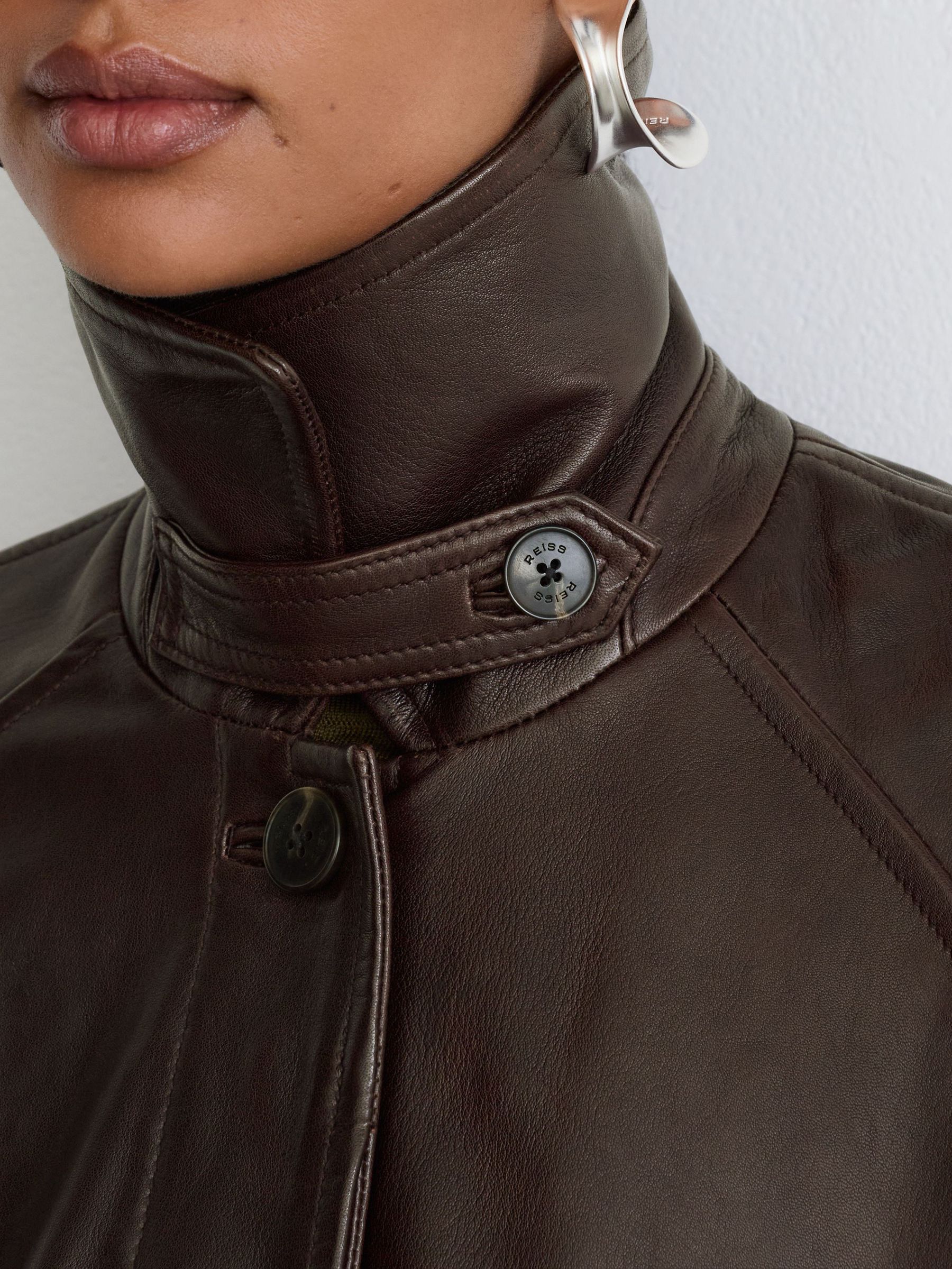 Leather Belted Raglan-Sleeve Jacket in Dark Burgundy - Image 9 of 11