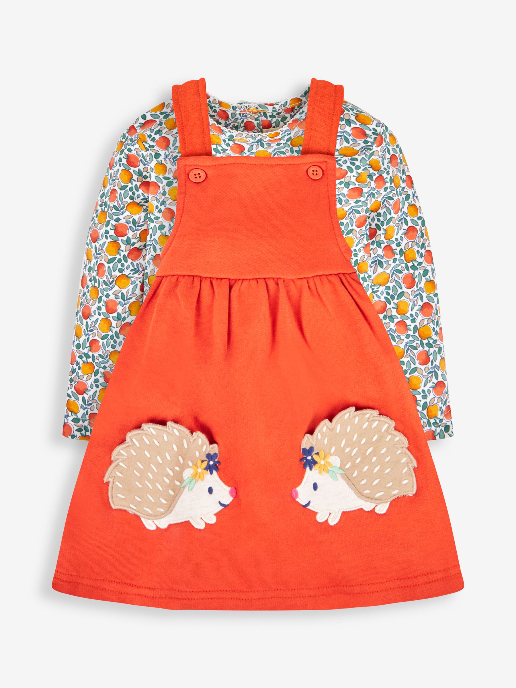 Rust Orange Hedgehog Girls' 2-Piece Appliqué Pinafore Dress & Top Set - Image 1 of 6