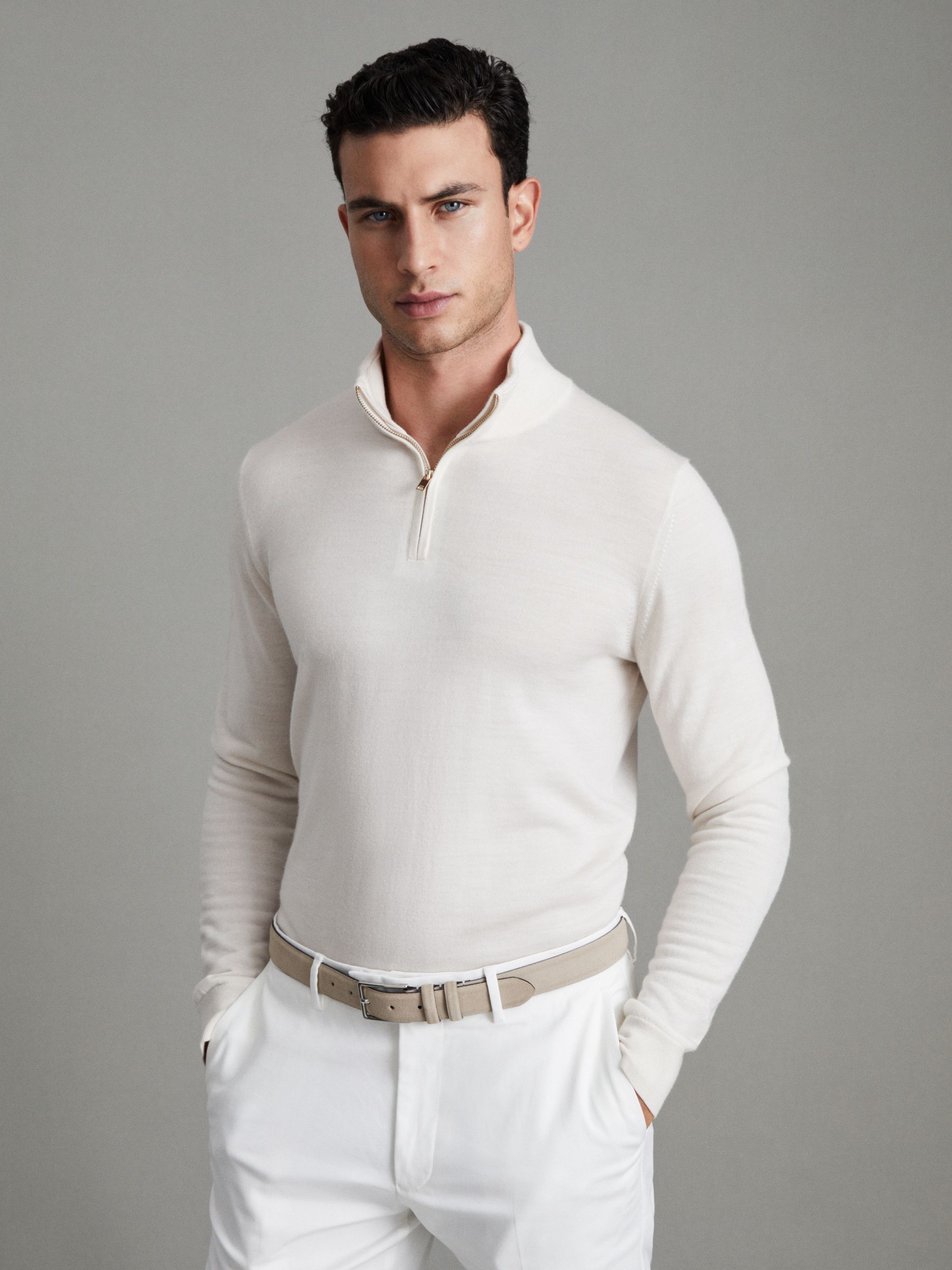 Merino Wool Half-Zip Funnel Neck Jumper in Snow - Image 1 of 6