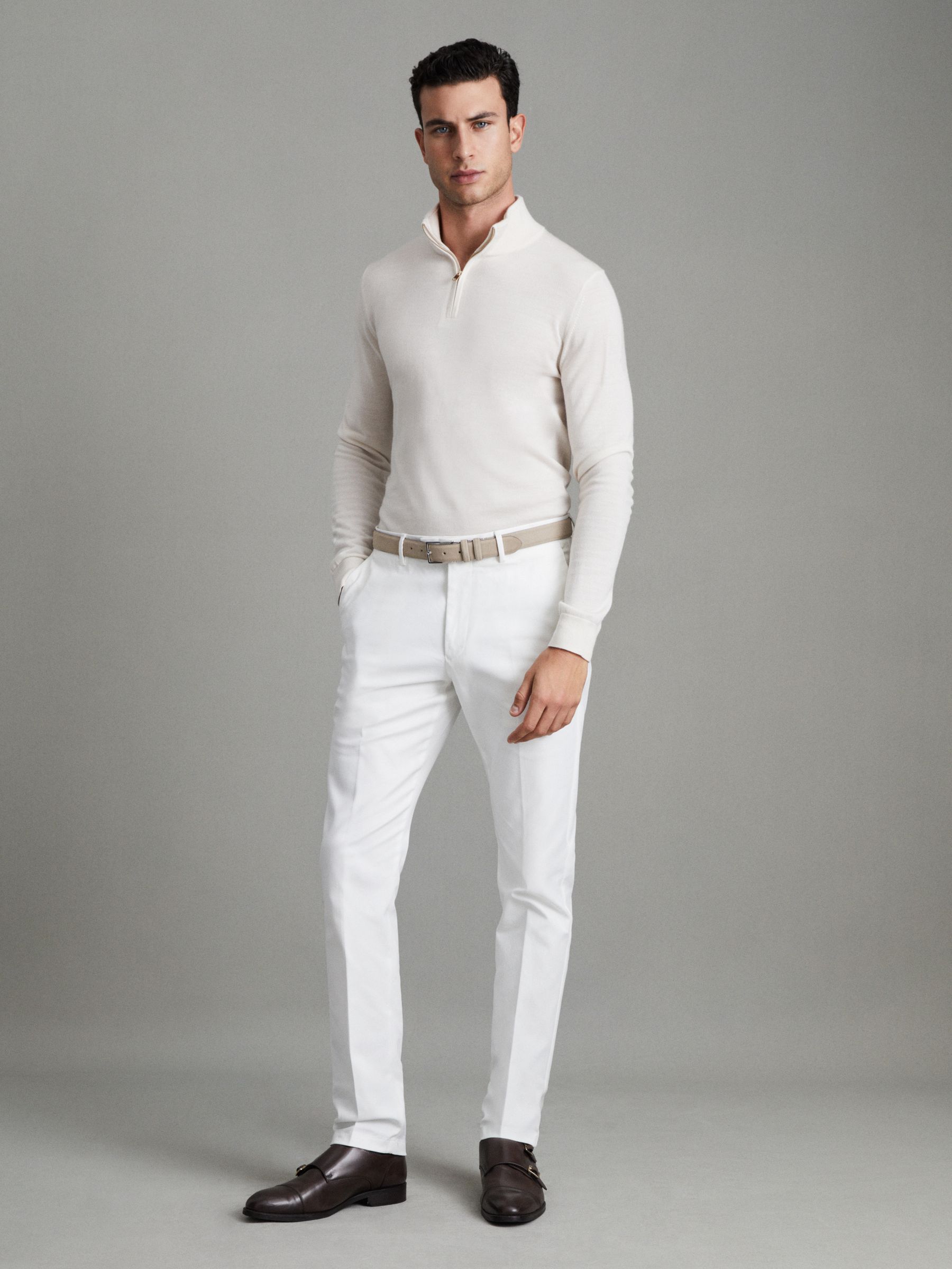 Merino Wool Half-Zip Funnel Neck Jumper in Snow - Image 3 of 6