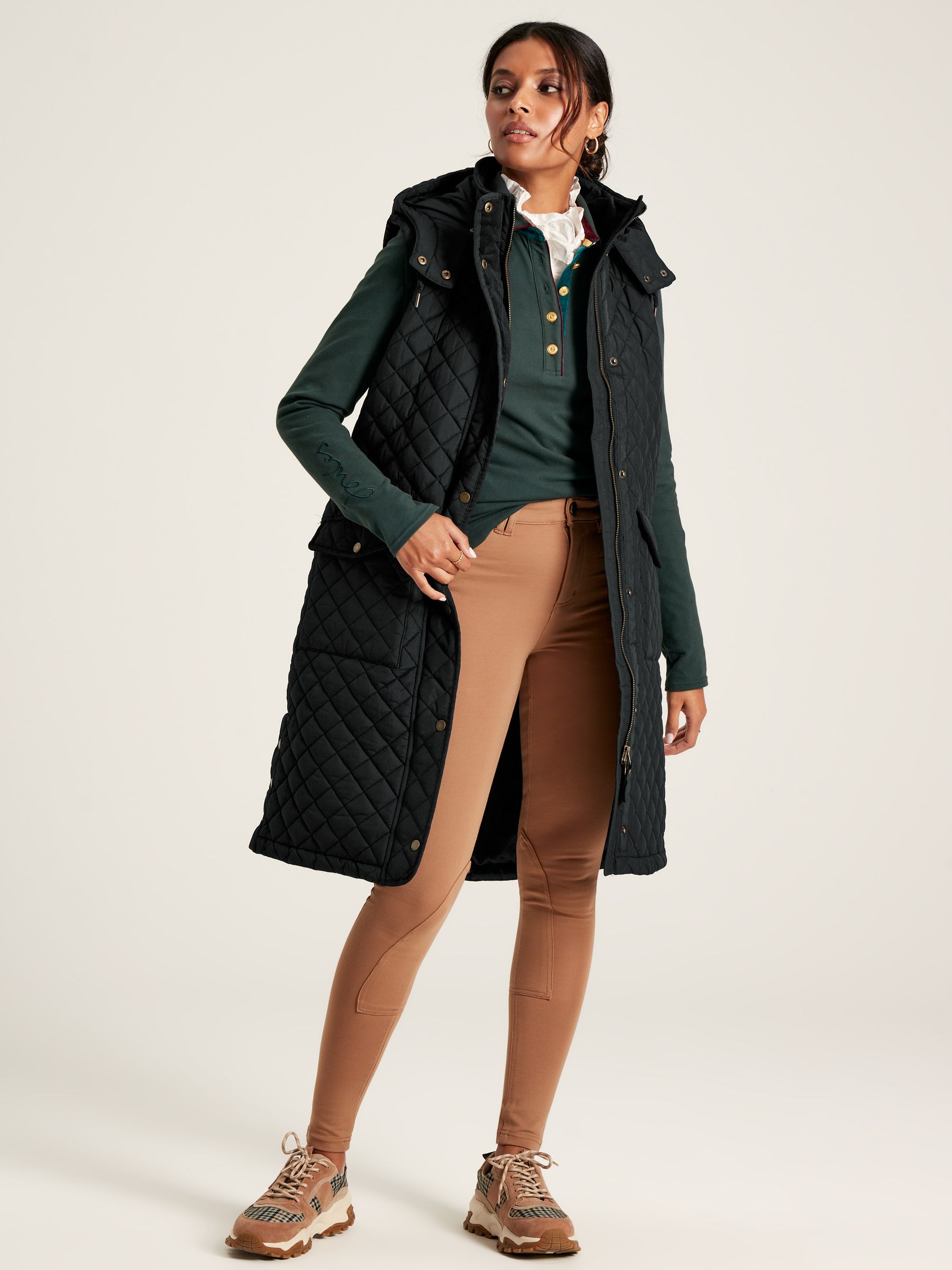 Chatsworth Black Showerproof Long Diamond Quilted Gilet With Hood - Image 1 of 9