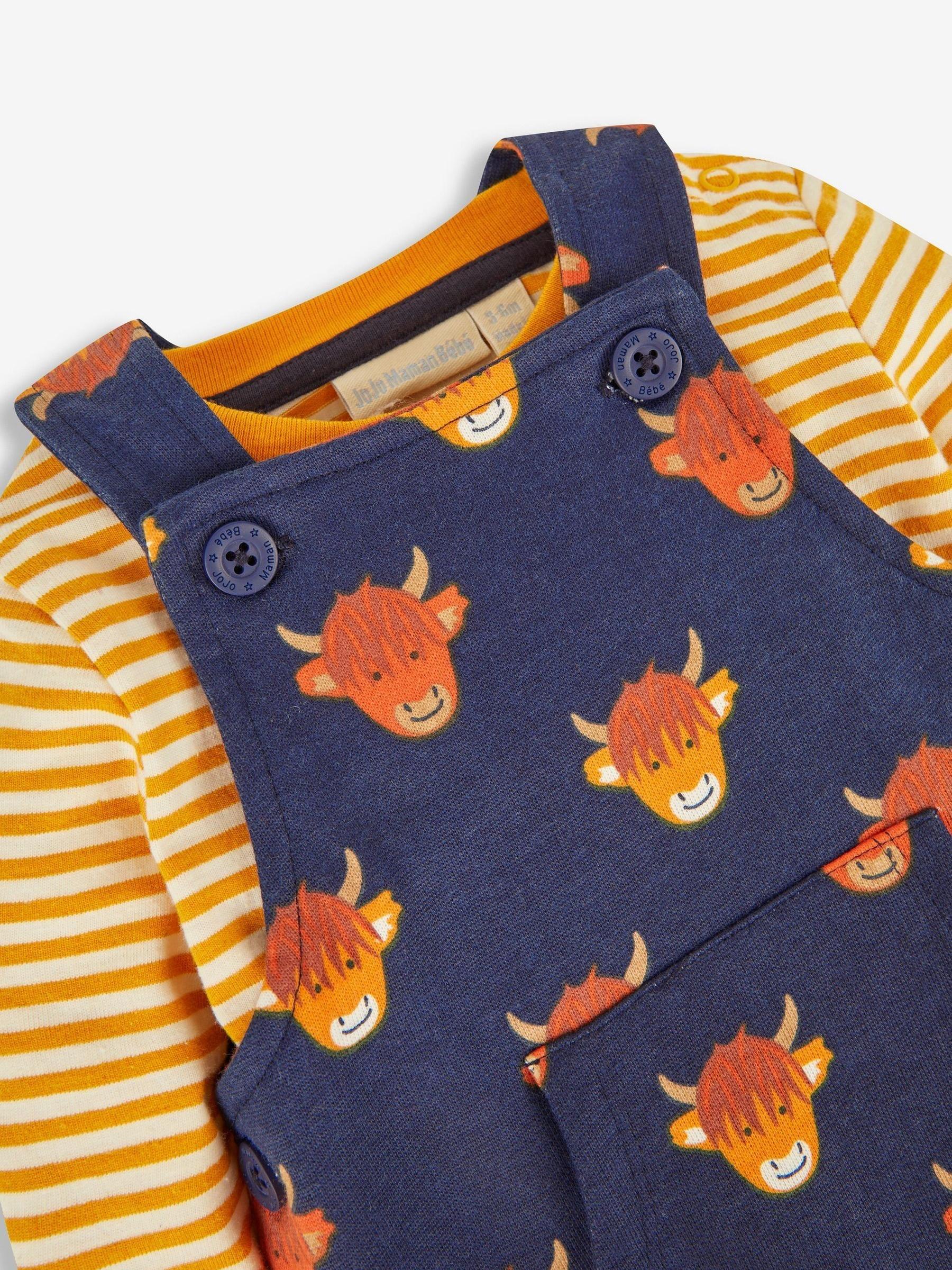 Navy Blue Highland Cow Dungarees & Stripe Top Set - Image 5 of 5