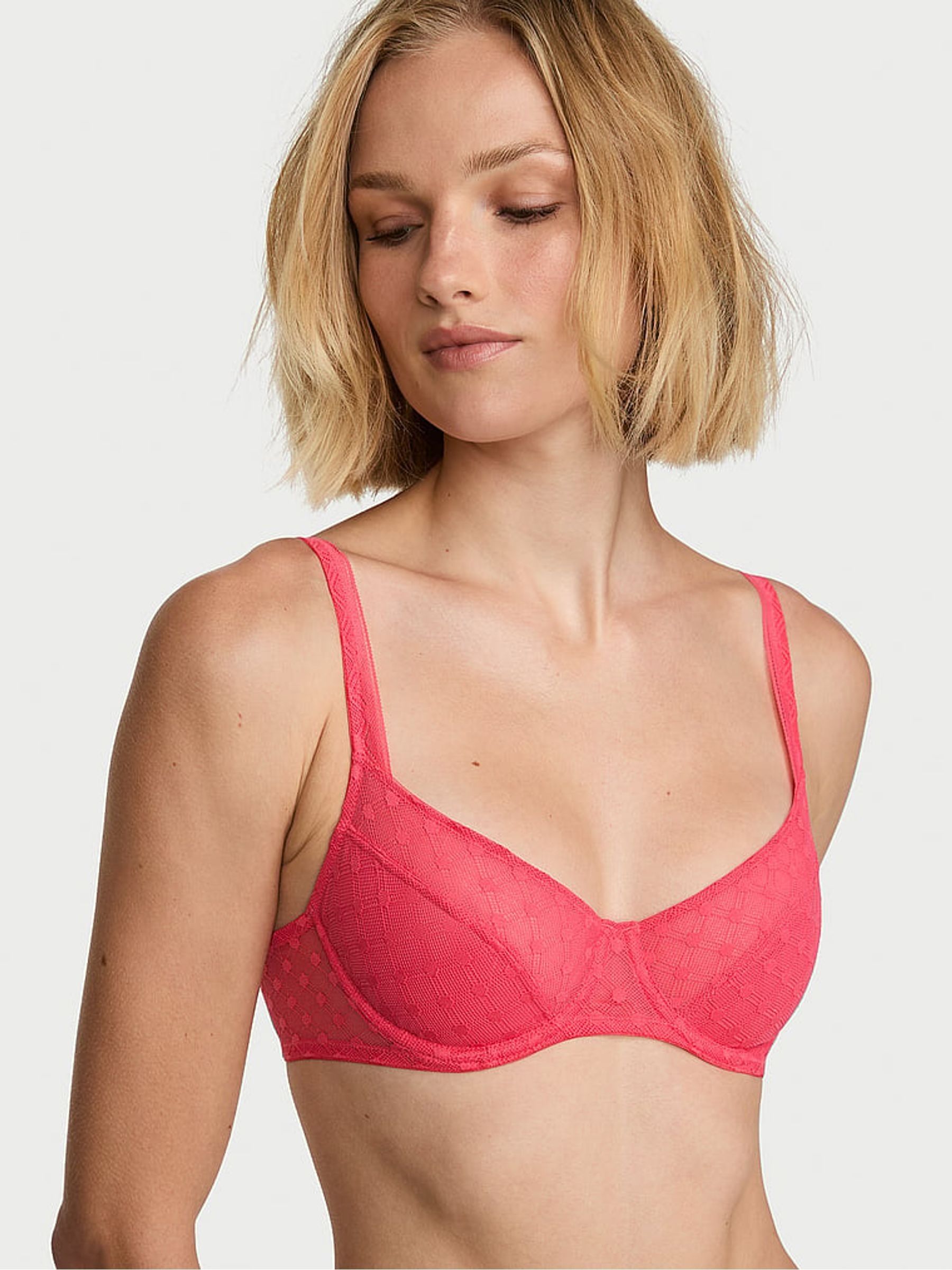 Wild Watermelon Pink Unlined Balcony Geo Dot Lace Bra - Image 1 of 2