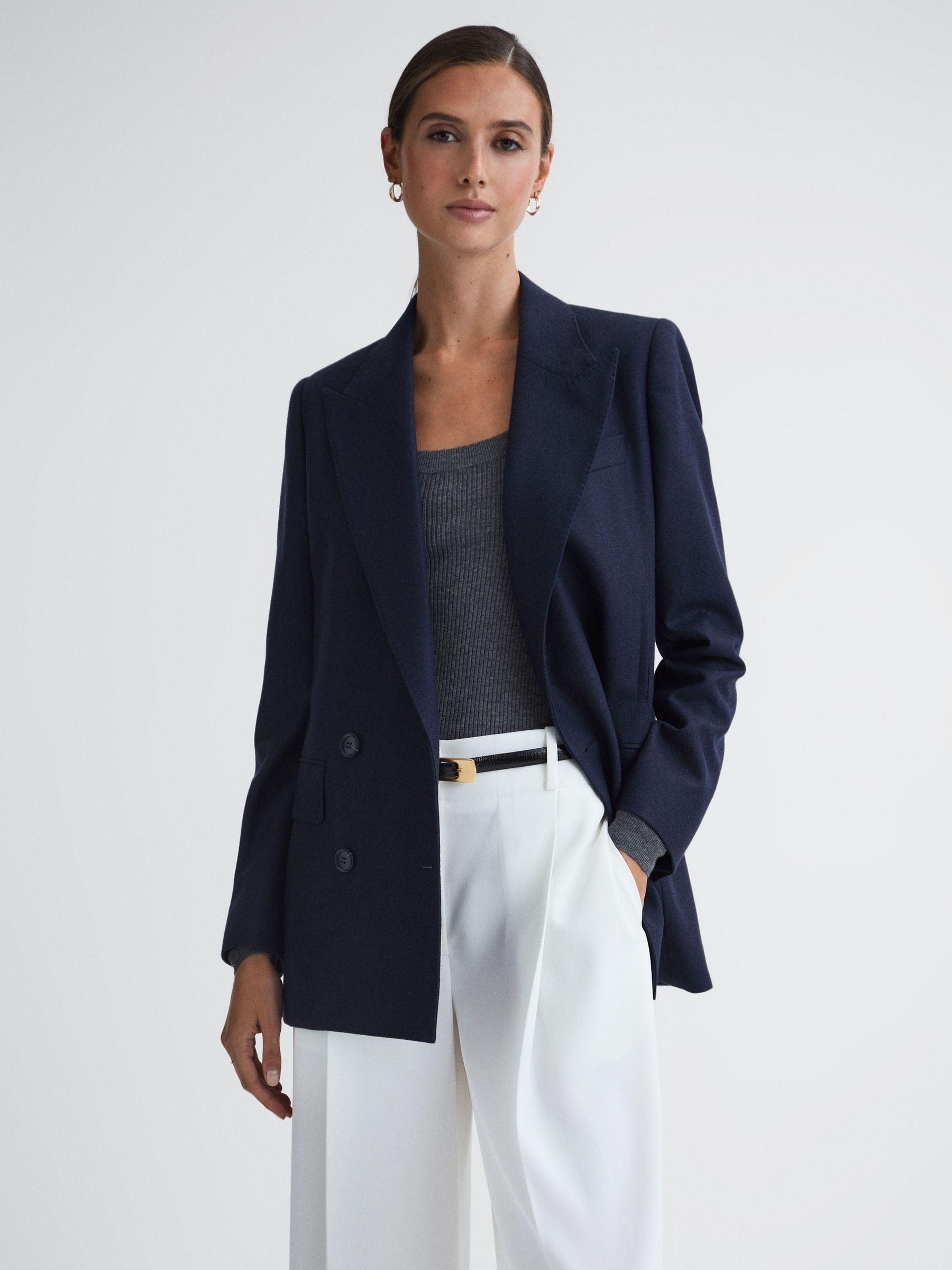 Wool Flannel Double Breasted Blazer in Navy - Image 3 of 5