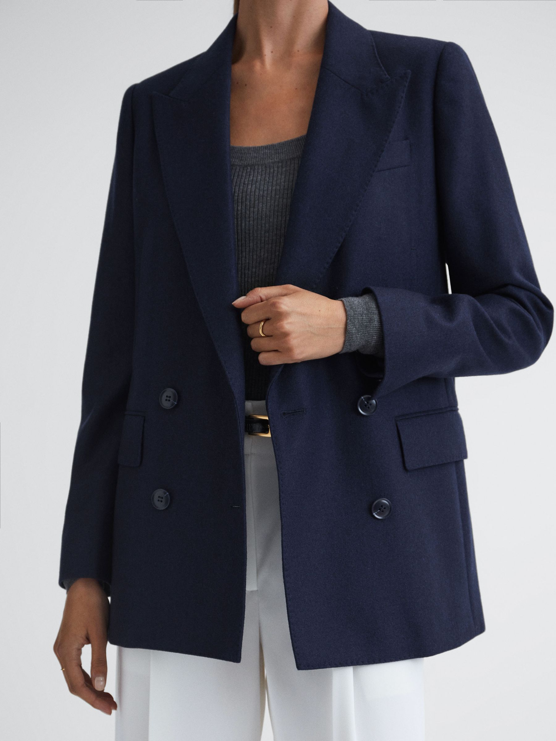 Wool Flannel Double Breasted Blazer in Navy - Image 4 of 5