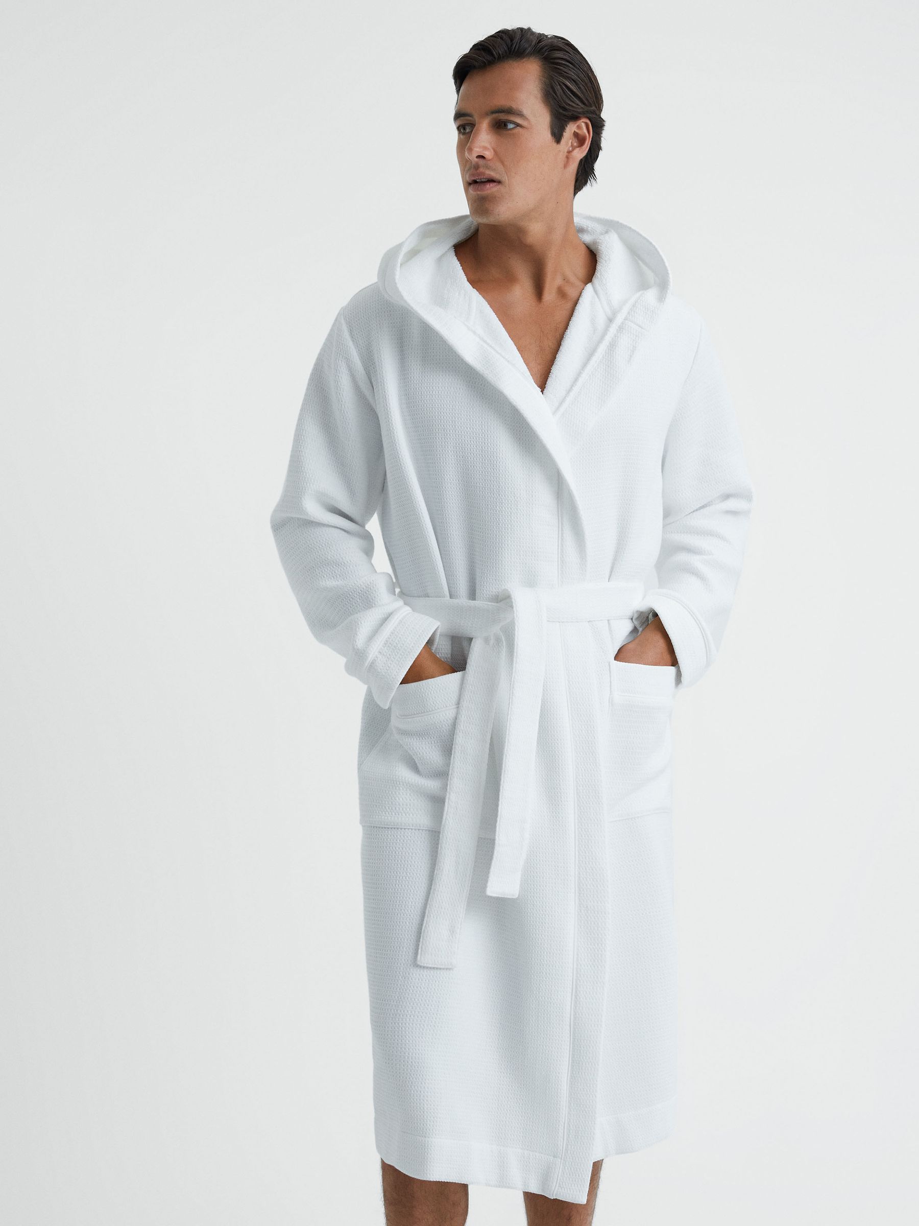 Textured Cotton Hooded Dressing Gown in White - Image 1 of 4