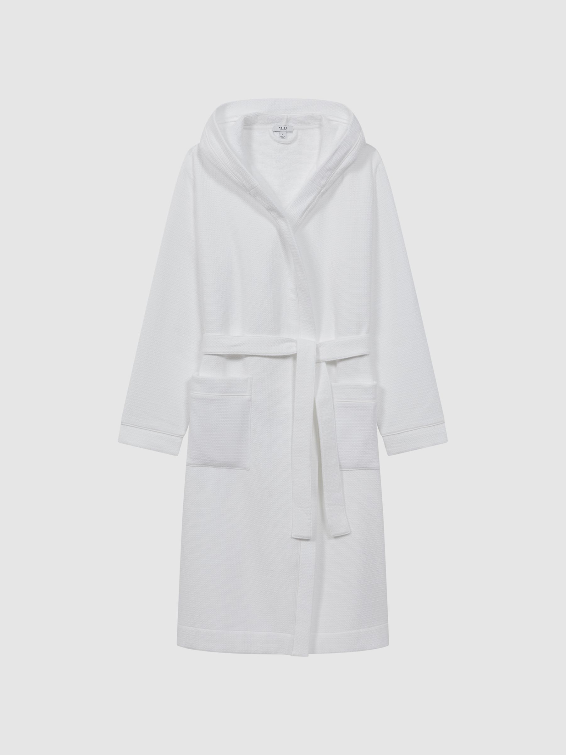Textured Cotton Hooded Dressing Gown in White - Image 2 of 4