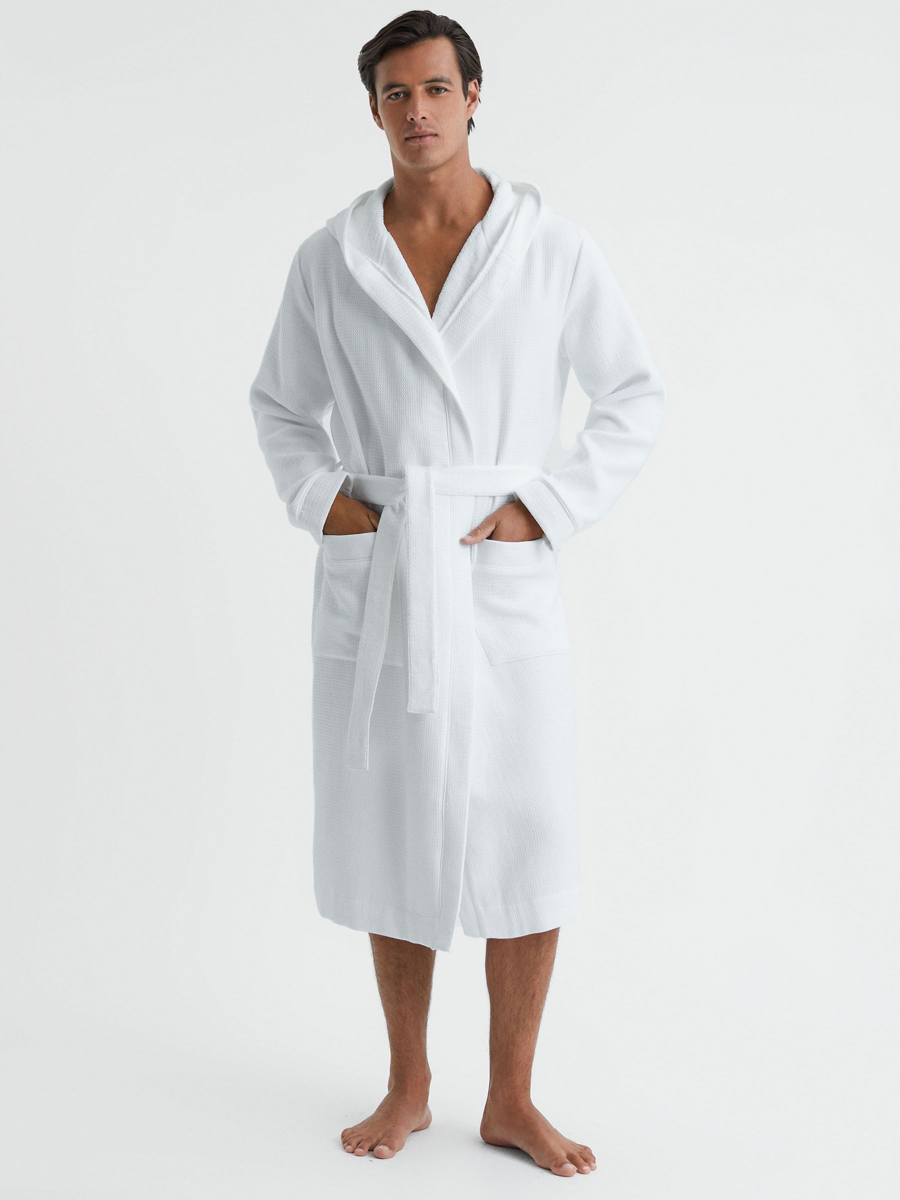 Textured Cotton Hooded Dressing Gown in White - Image 3 of 4