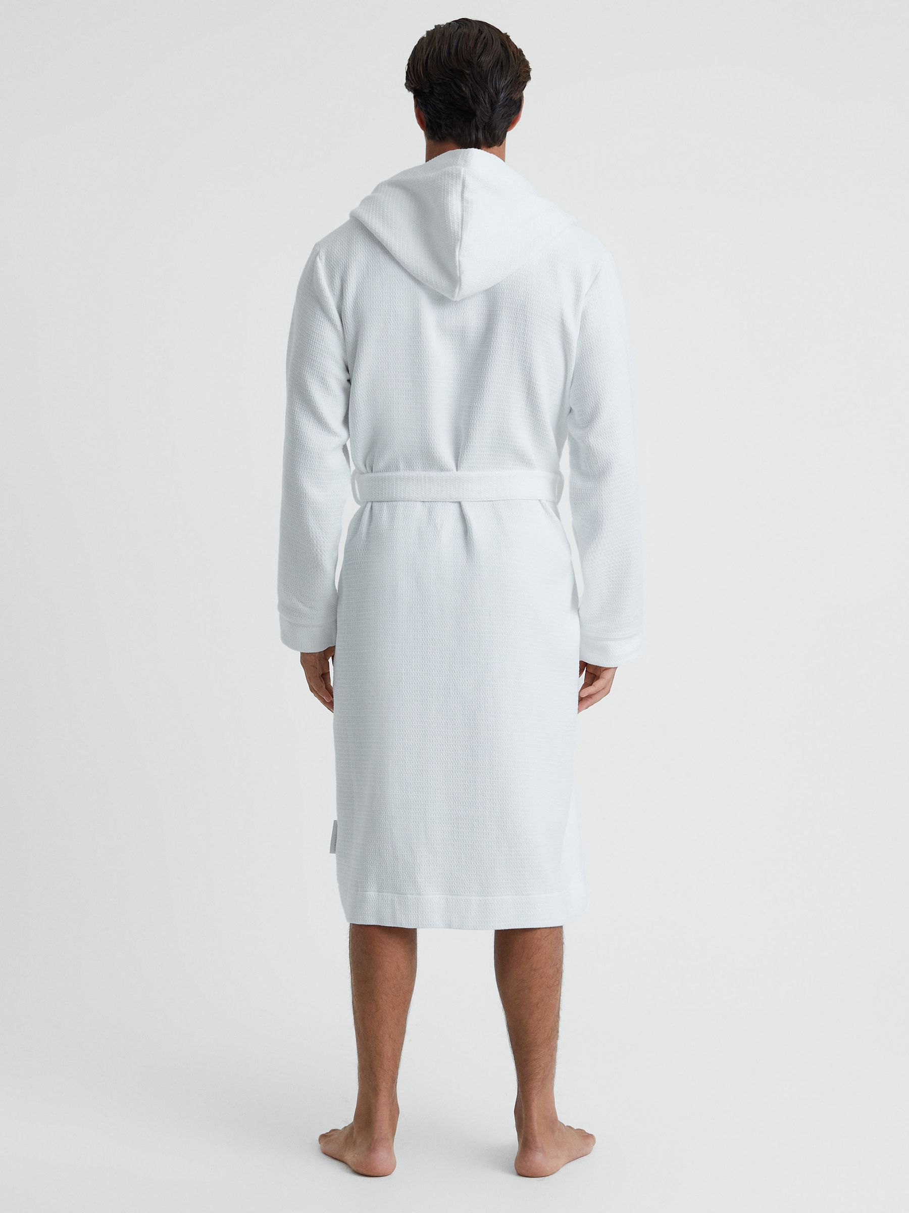 Textured Cotton Hooded Dressing Gown in White - Image 4 of 4