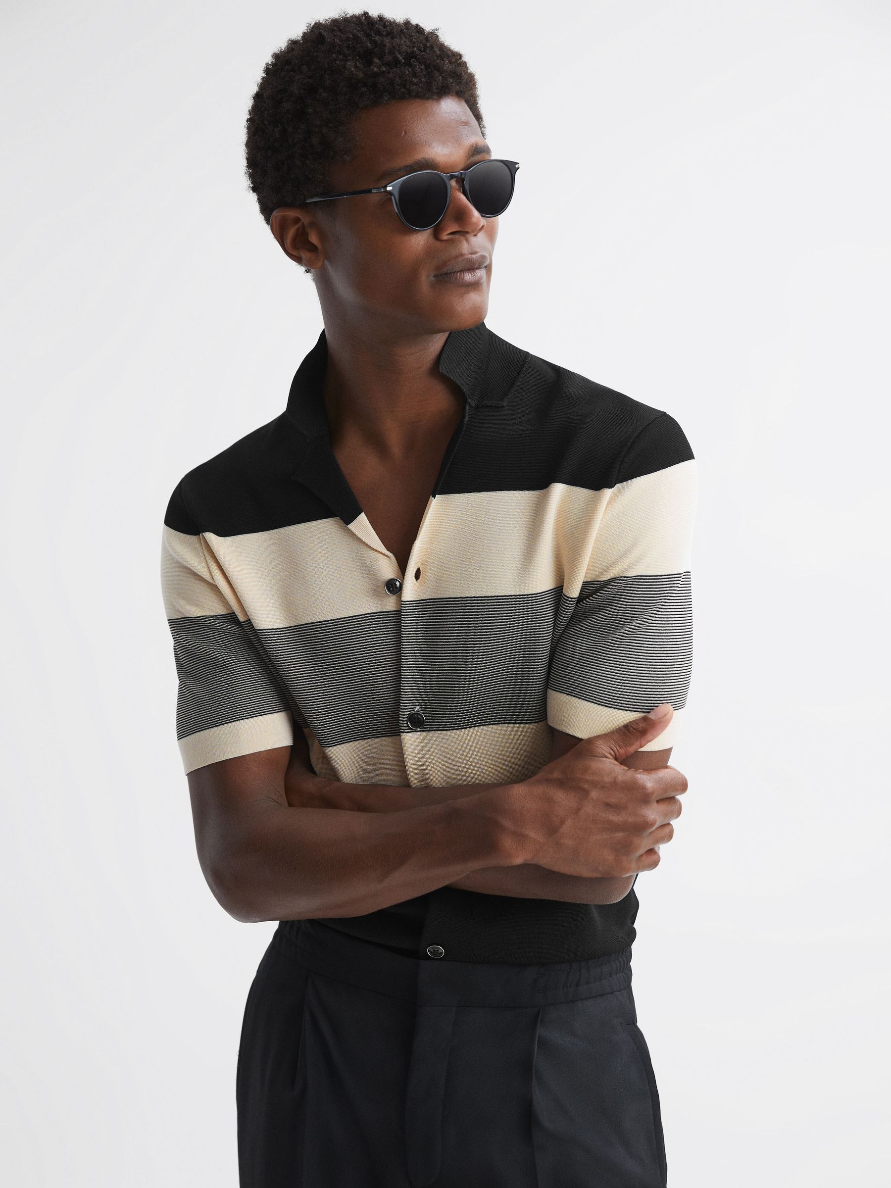 Striped Cuban Collar Button Through T-Shirt in Black - Image 1 of 5