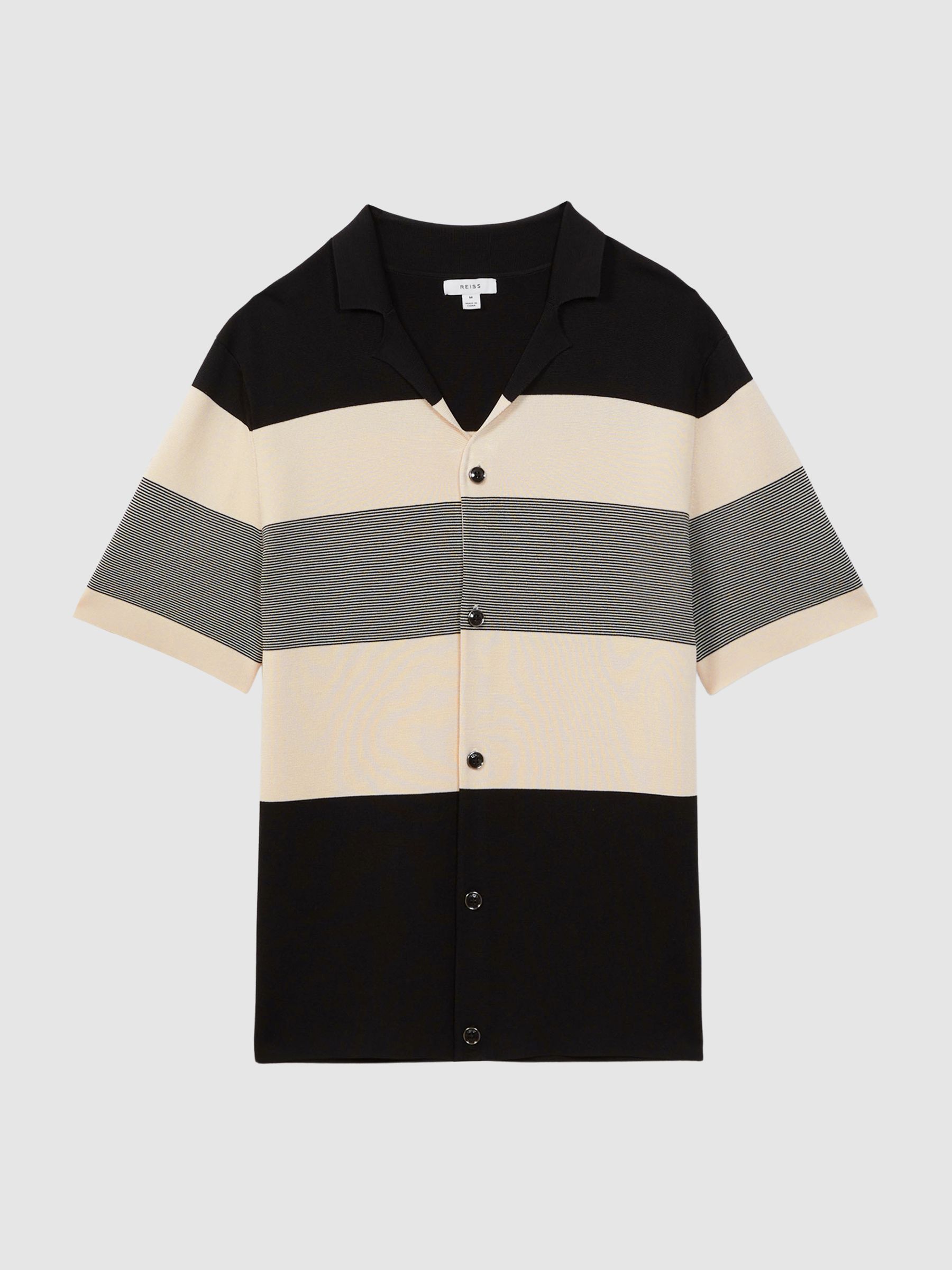 Striped Cuban Collar Button Through T-Shirt in Black - Image 2 of 5