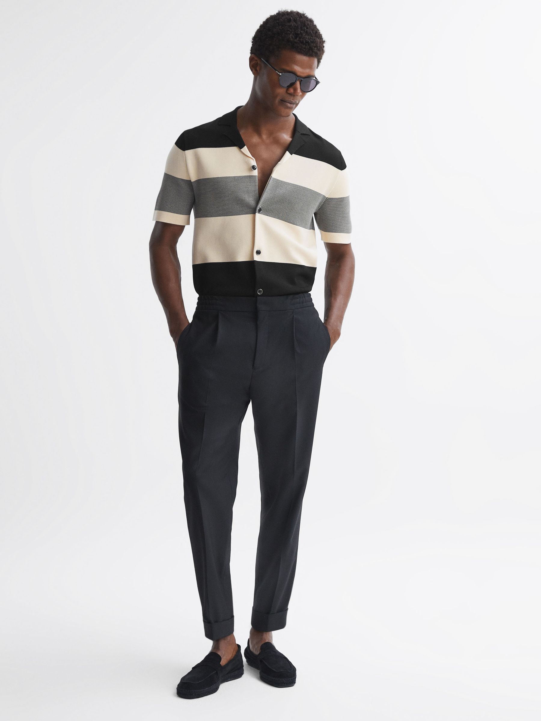 Striped Cuban Collar Button Through T-Shirt in Black - Image 3 of 5
