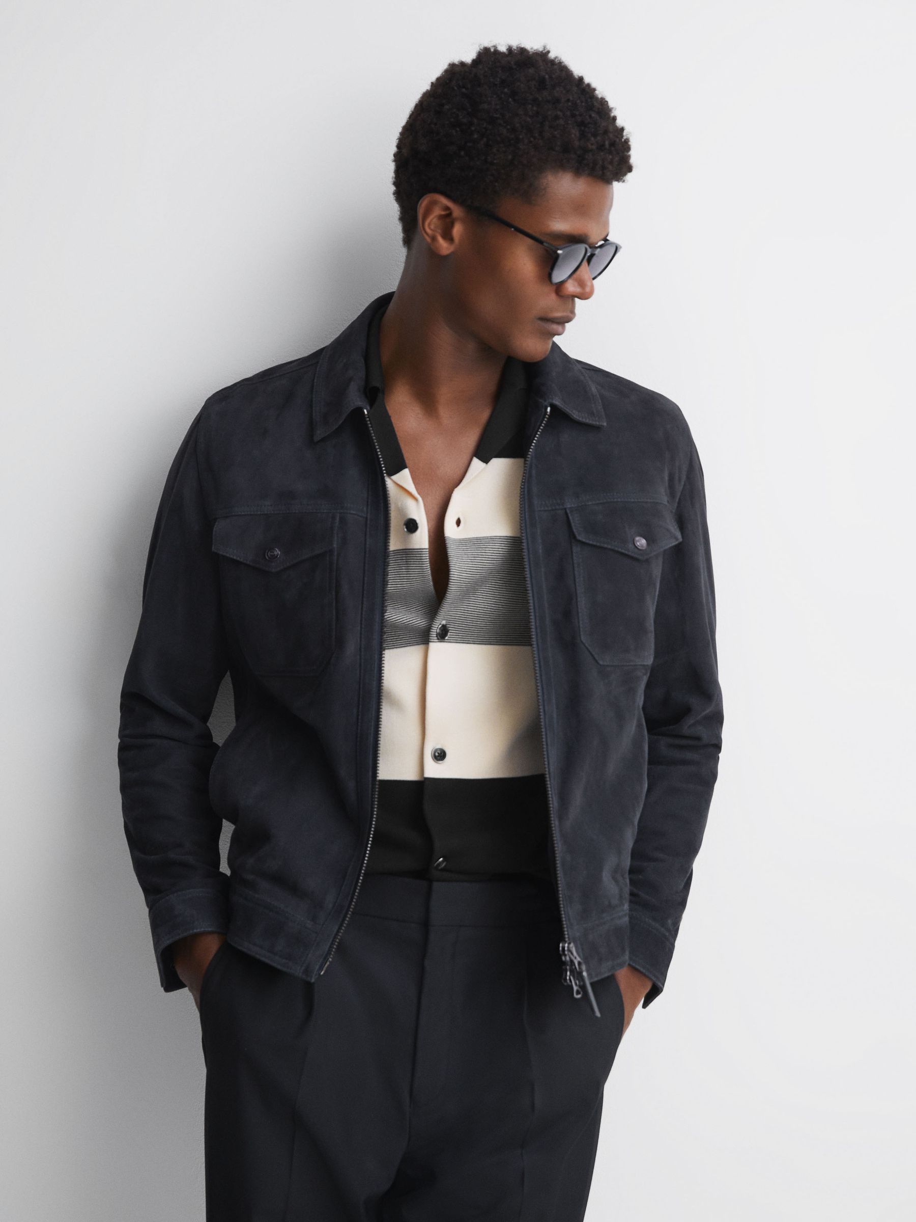 Striped Cuban Collar Button Through T-Shirt in Black - Image 4 of 5