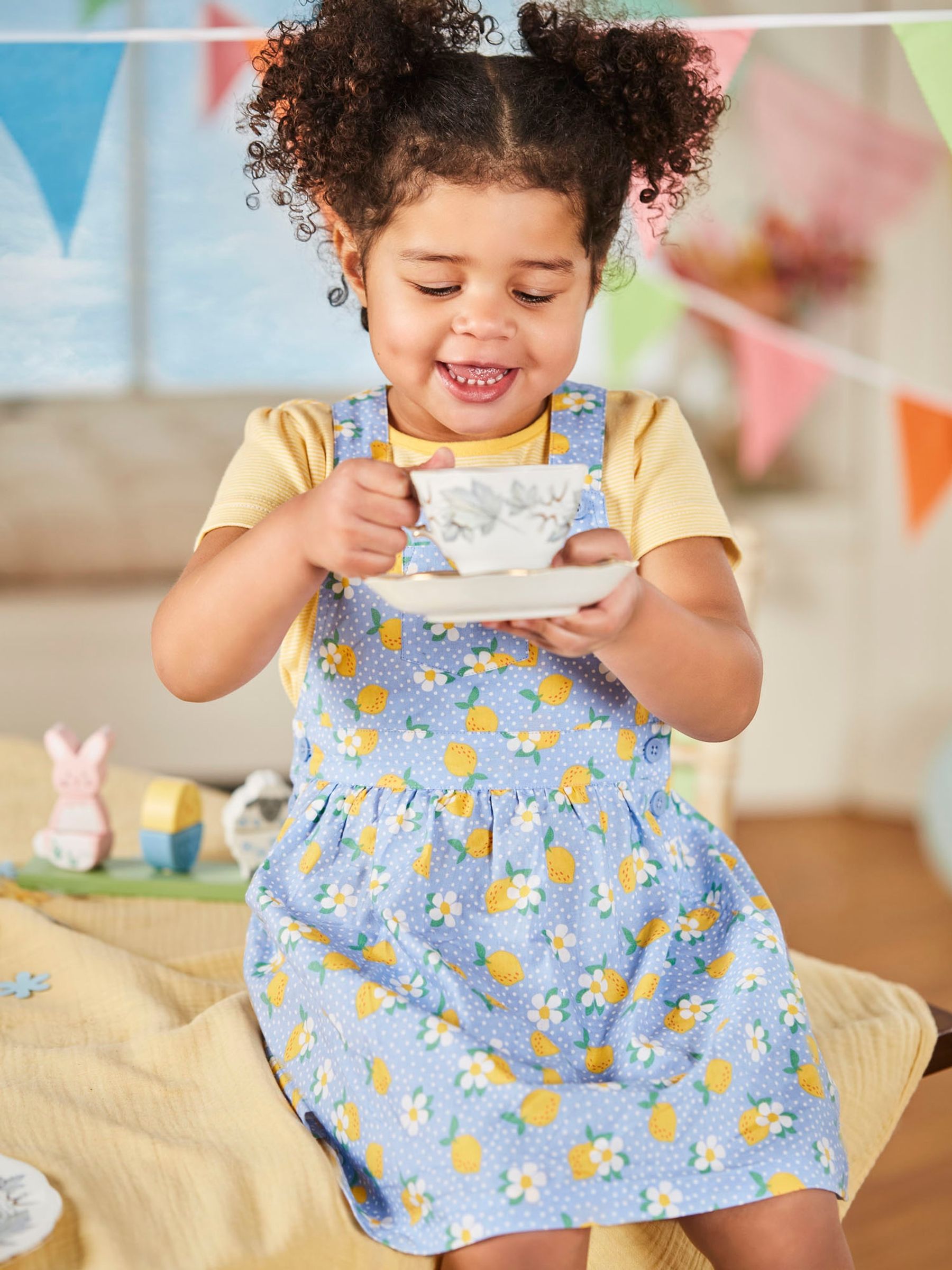 Blue Girls' 2-Piece Lemon Floral Dungaree Dress Set - Image 5 of 5