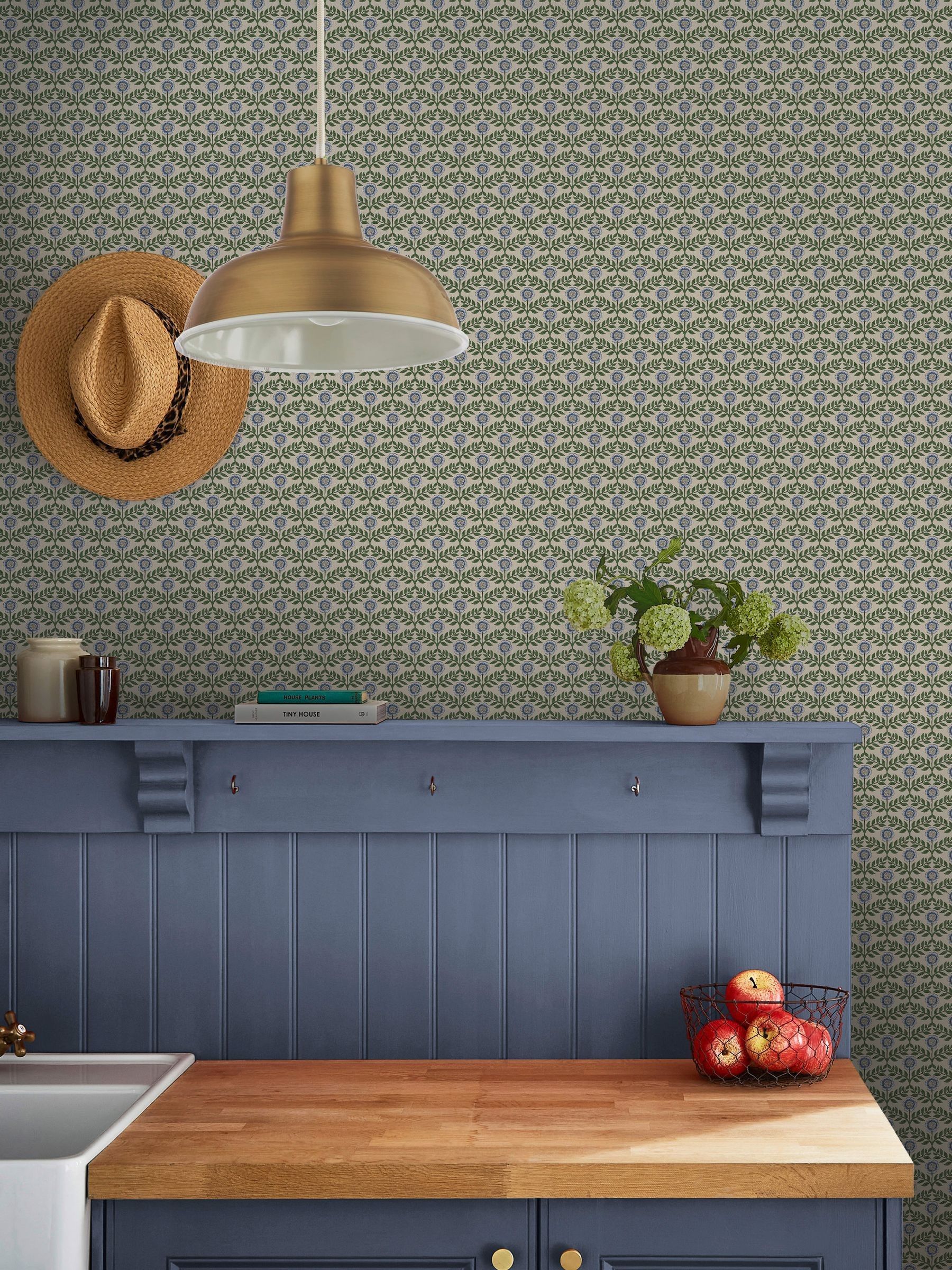 Green Blue Stately Floral 10M Wallpaper - Image 1 of 5