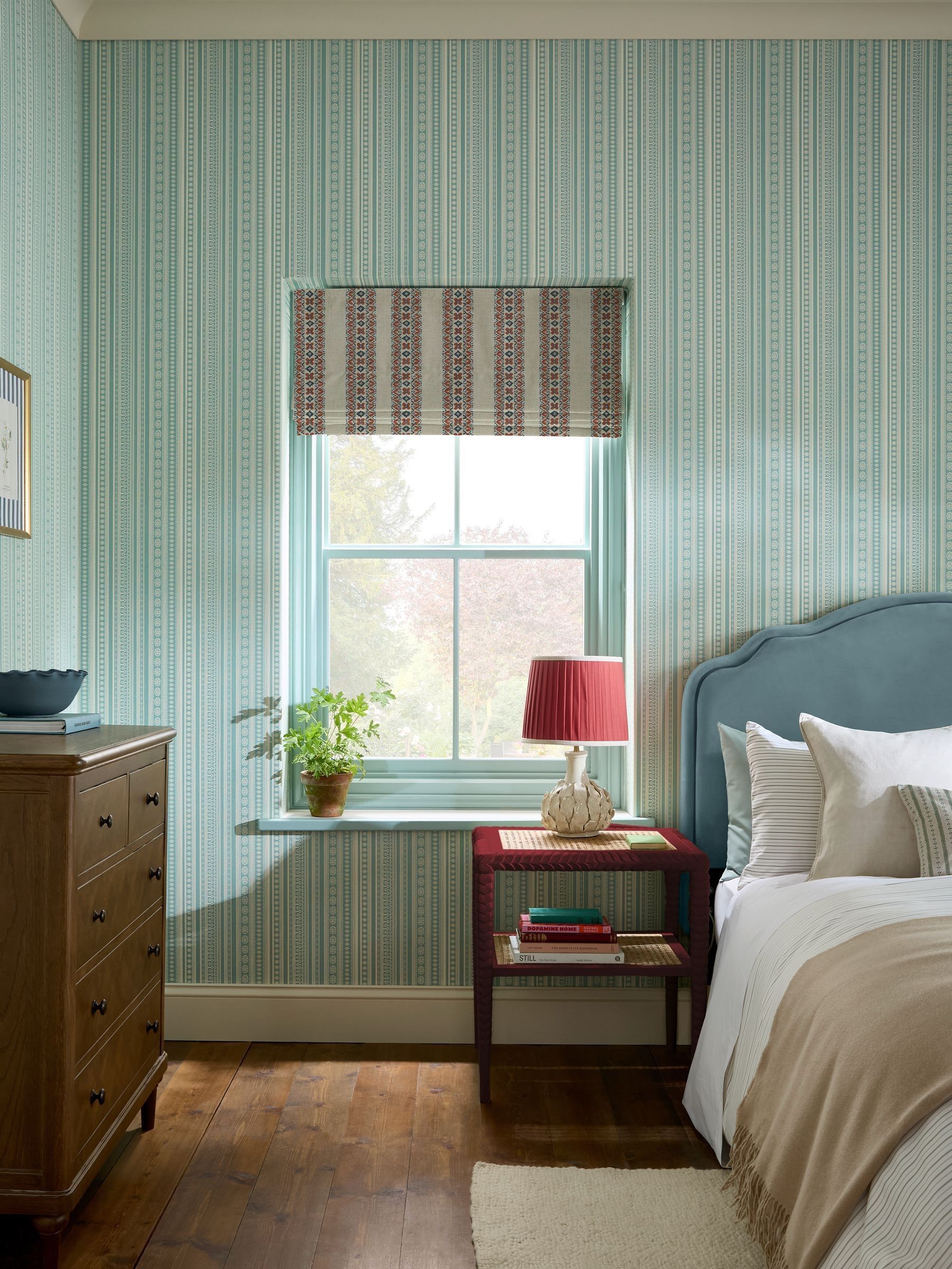 Duck Egg Blue Cream Decorative Stripe 10M Wallpaper - Image 1 of 5