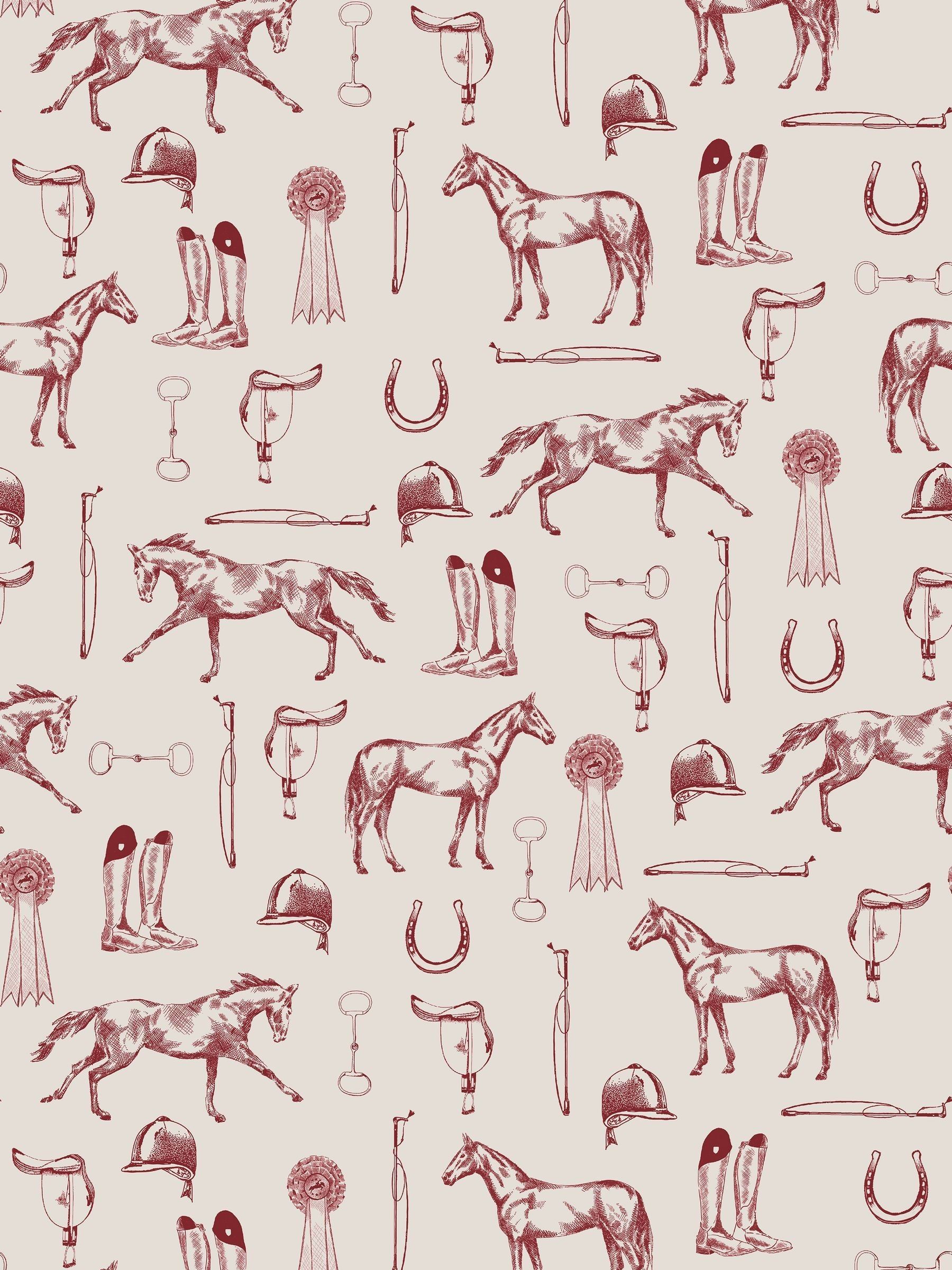 Cream Burgundy Sketched Equestrian Print Wallpaper 10M - Image 3 of 5
