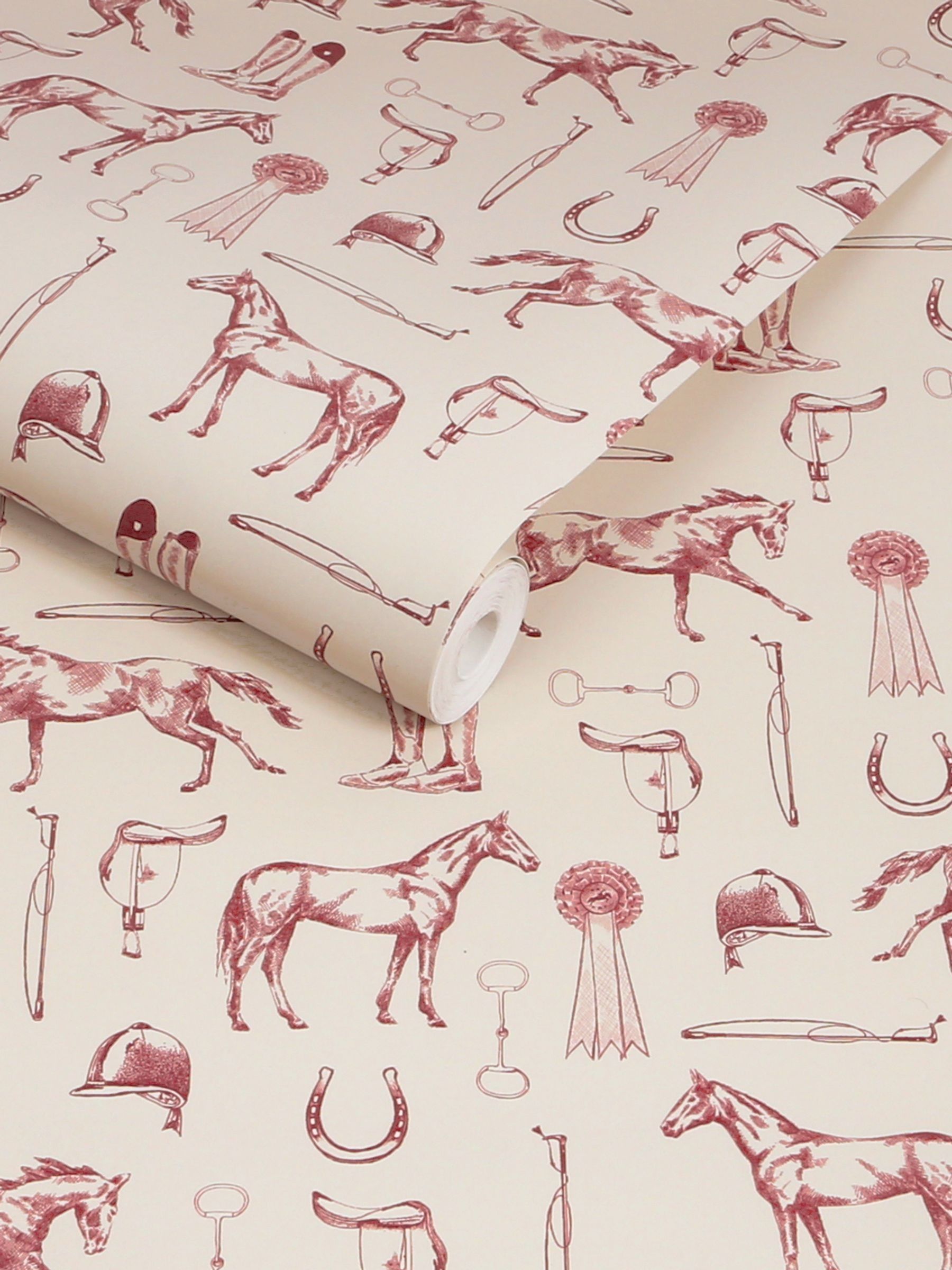 Cream Burgundy Sketched Equestrian Print Wallpaper 10M - Image 4 of 5