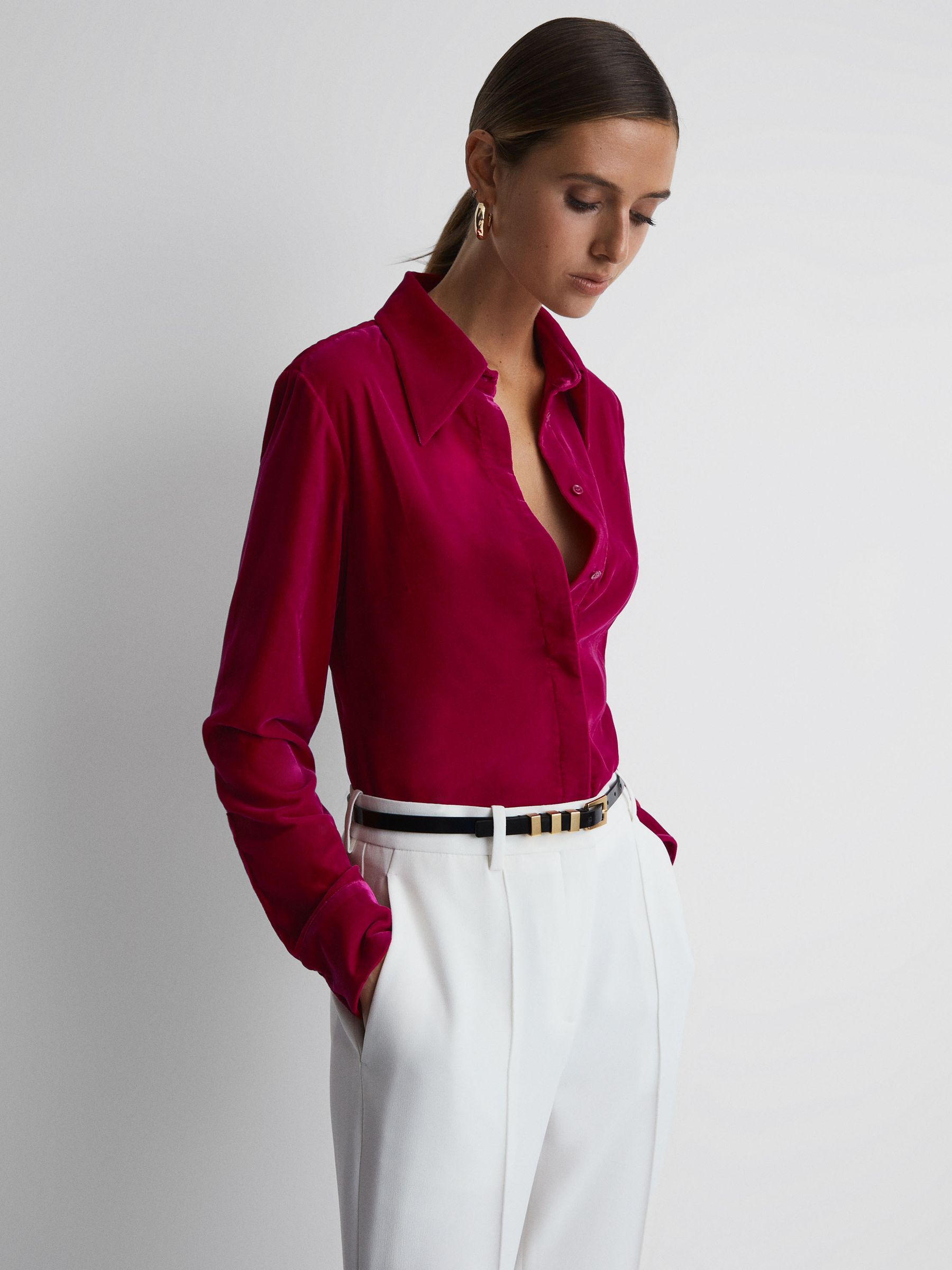 Velvet Button-Through Shirt in Pink - Image 5 of 5
