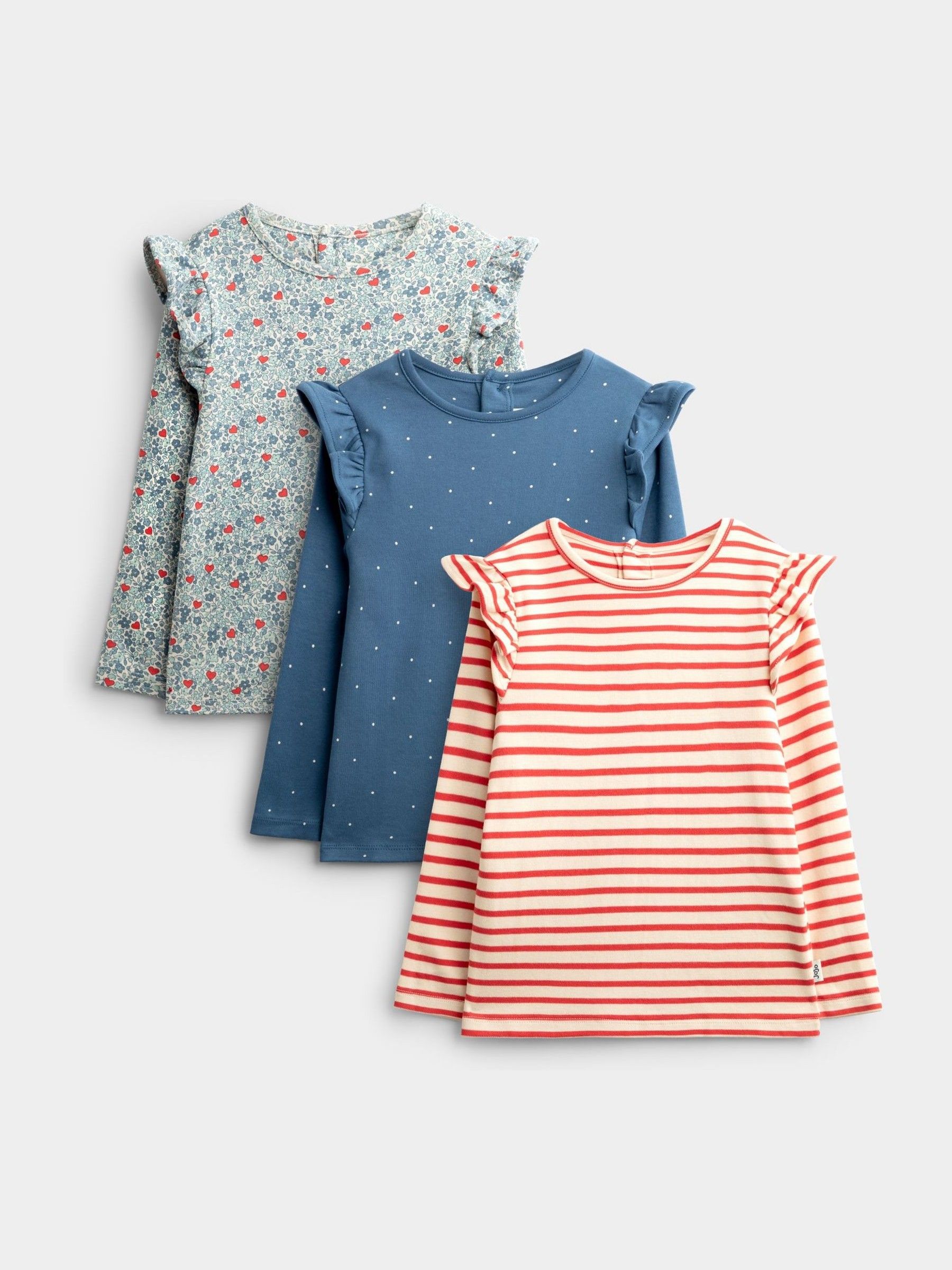 Light Blue Heart Floral 3-Pack Frill Shoulder Tops - Image 1 of 10 Light Blue Heart Floral 3-Pack Frill Shoulder Tops - Image 1 of 10