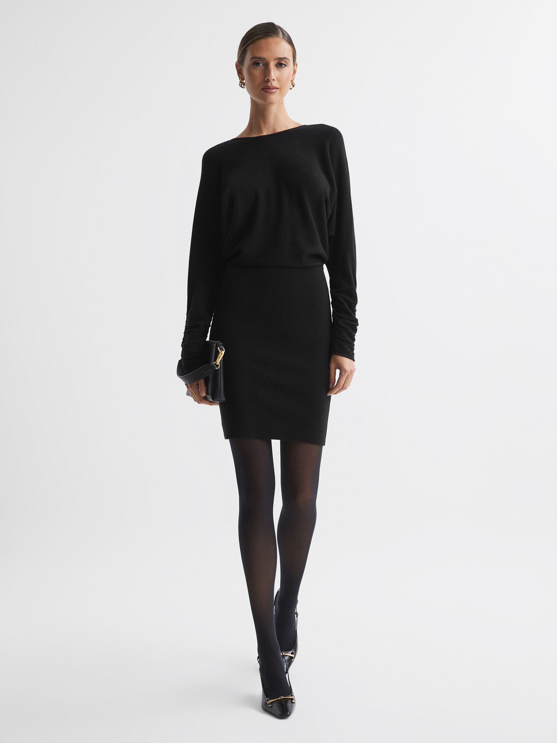 Cashmere-Wool Blend Draped Mini Dress in Black - Image 1 of 5