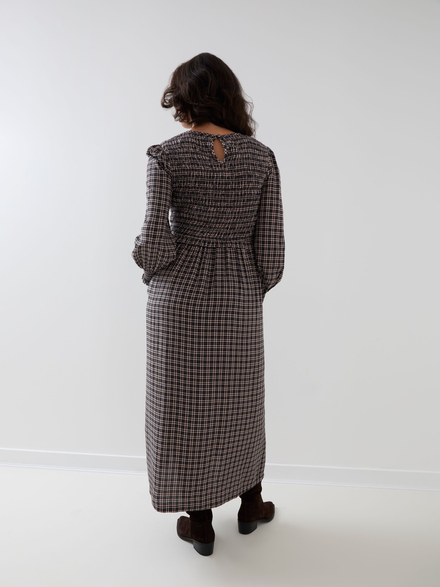 Black Check Long Sleeve Shirred Maternity Midi Dress - Image 2 of 4