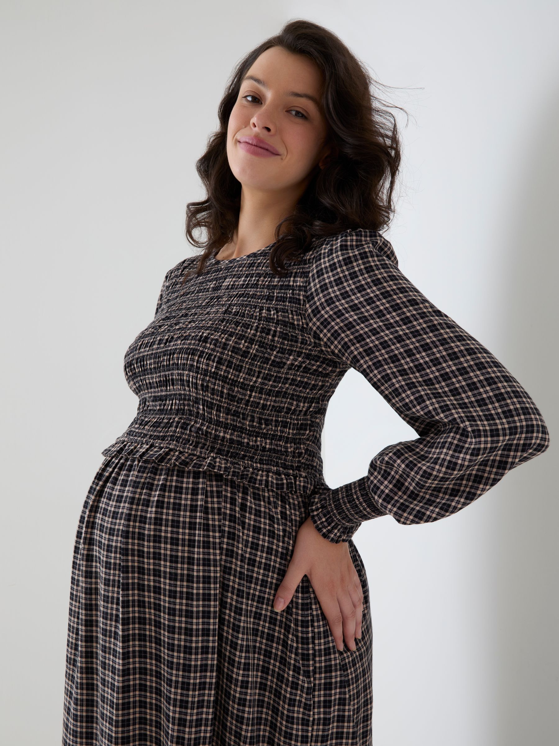Black Check Long Sleeve Shirred Maternity Midi Dress - Image 3 of 4