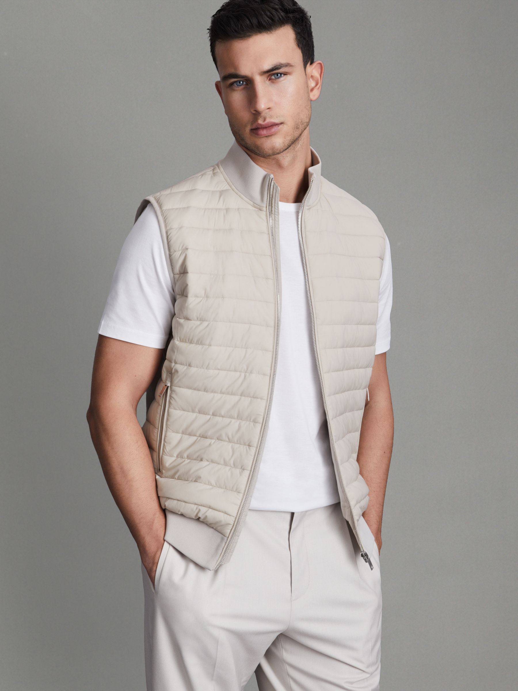 Hybrid Quilt and Knit Zip-Through Gilet in Stone - Image 1 of 6