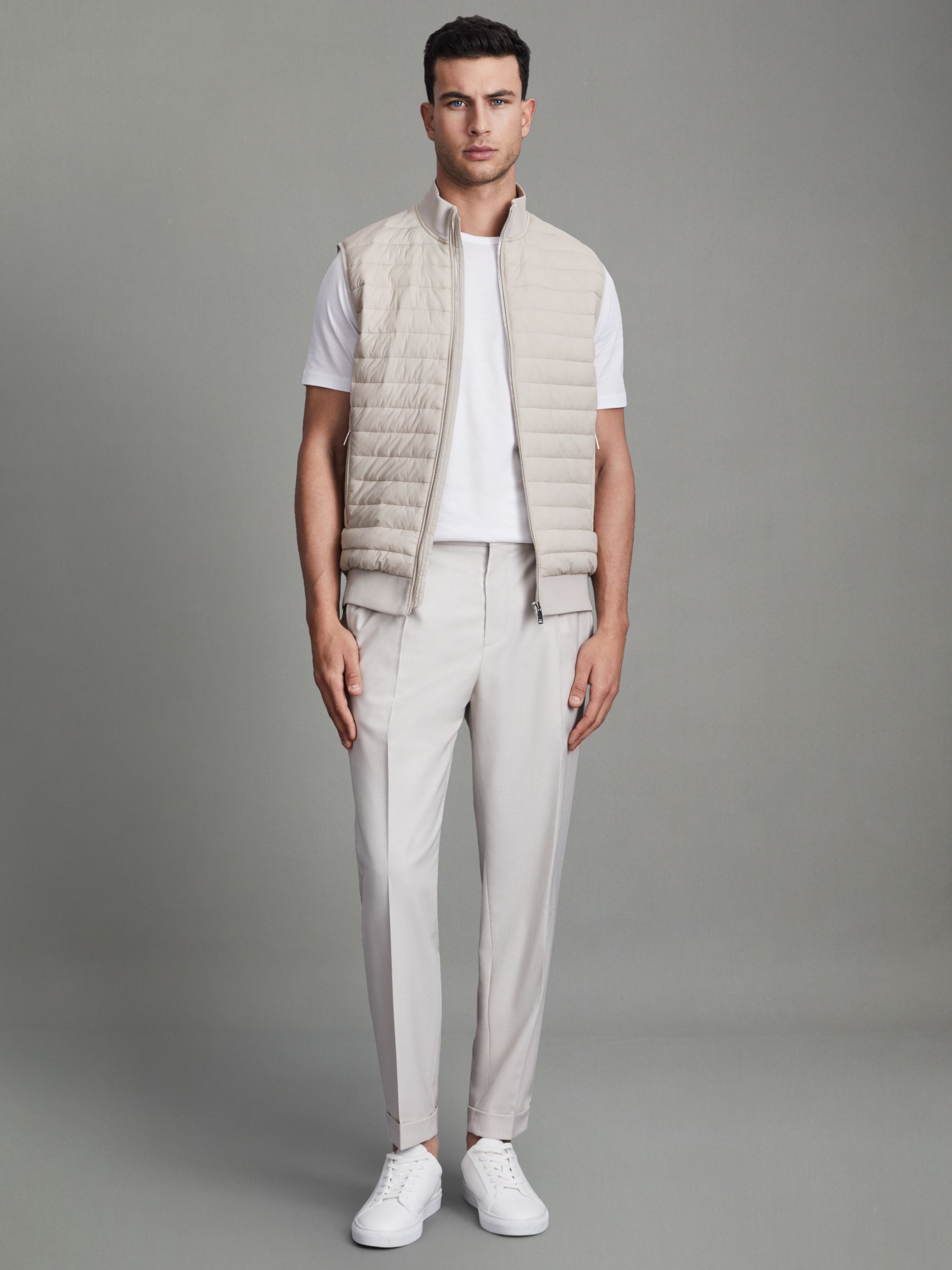 Hybrid Quilt and Knit Zip-Through Gilet in Stone - Image 3 of 6
