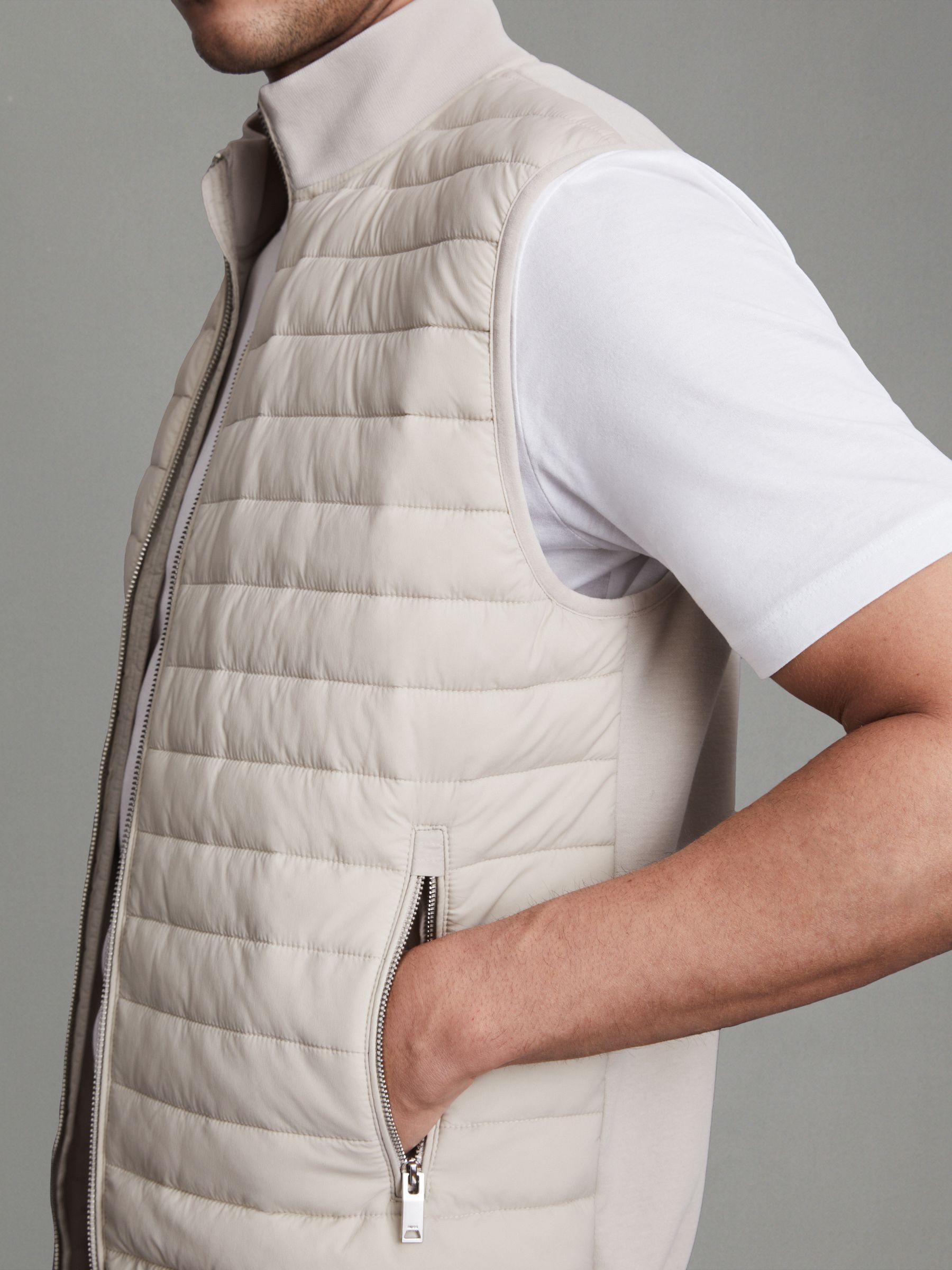 Hybrid Quilt and Knit Zip-Through Gilet in Stone - Image 4 of 6