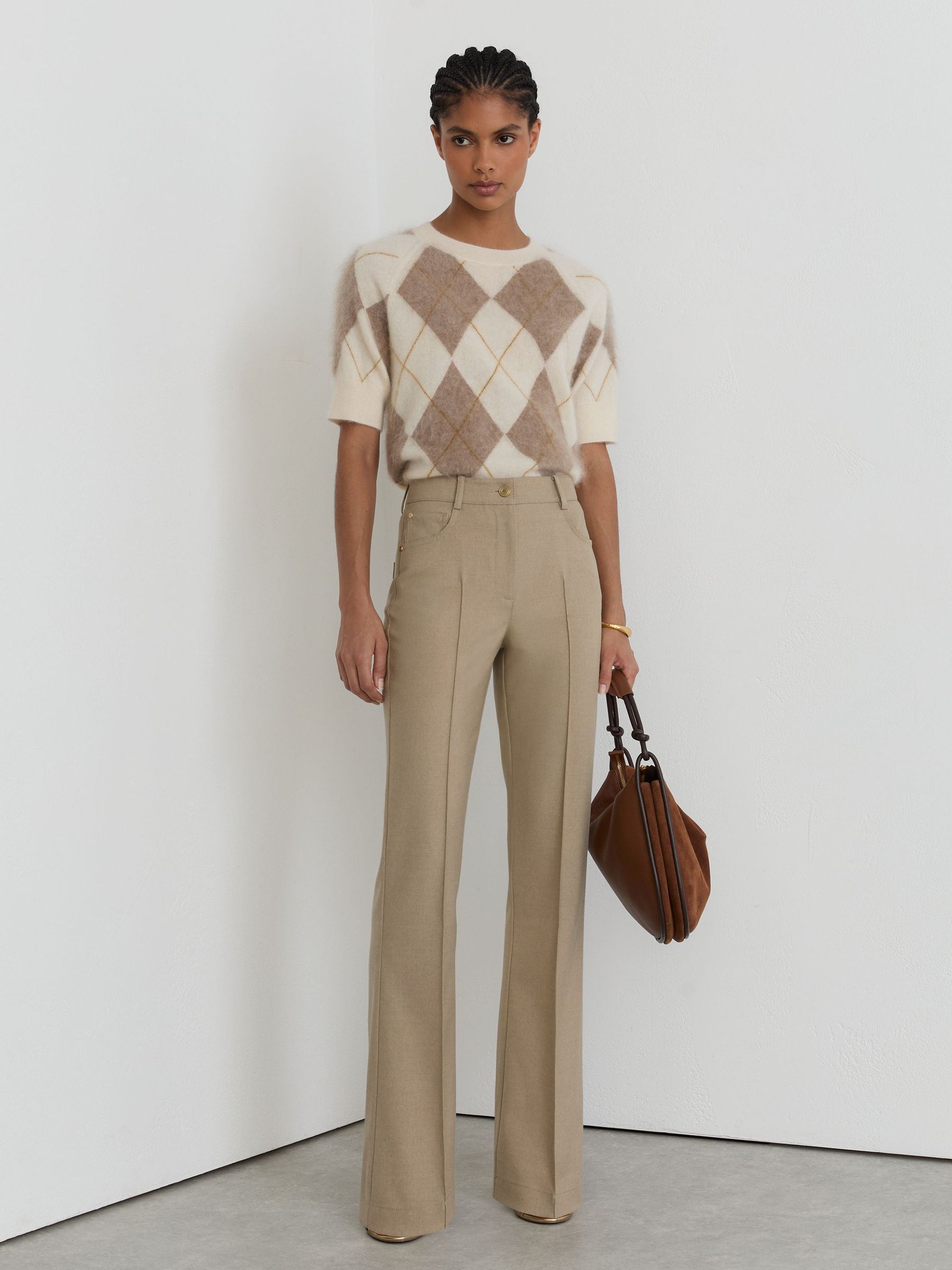 Flared Twill Seam-Detail Trousers in Neutral - Image 1 of 6 Flared Twill Seam-Detail Trousers in Neutral - Image 1 of 6