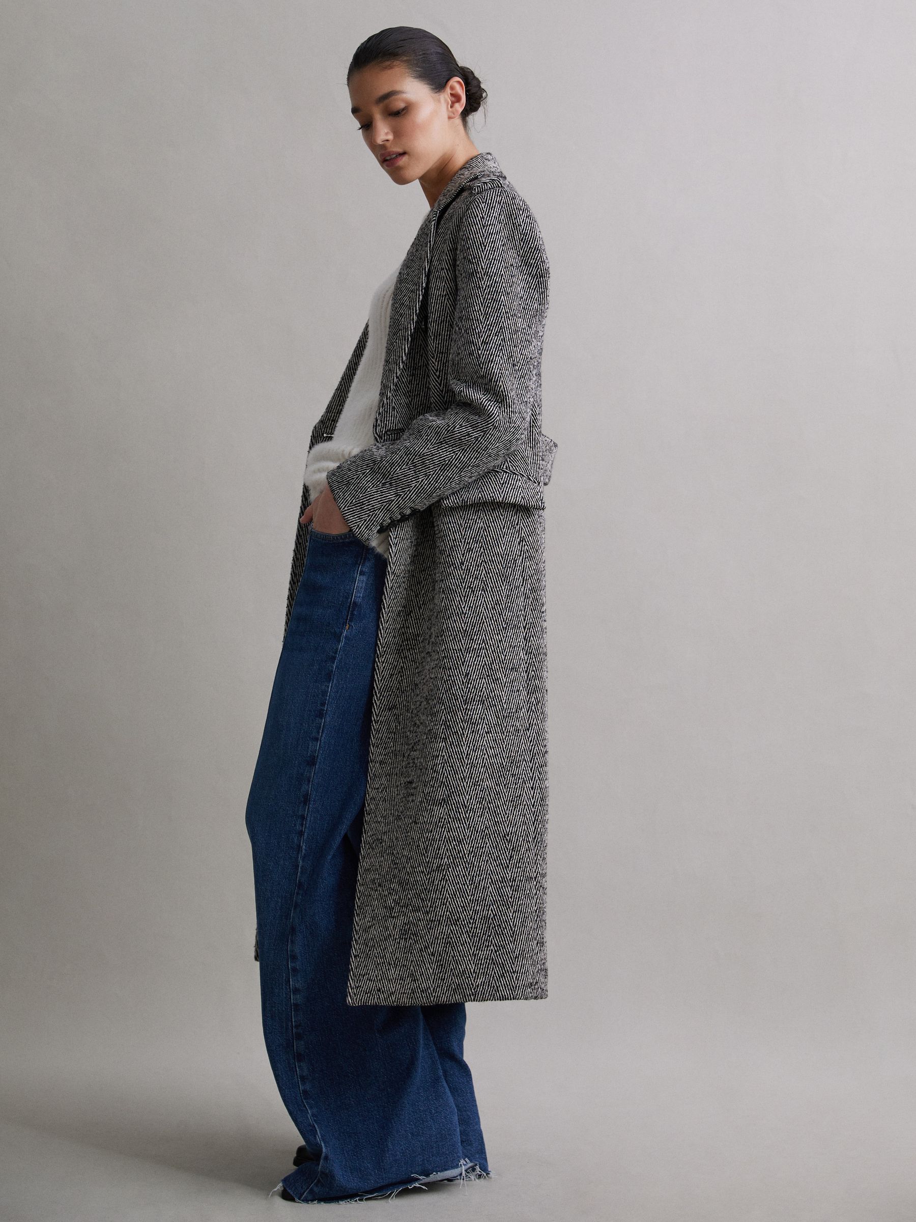 Wool Blend Herringbone Coat in Grey - Image 1 of 8