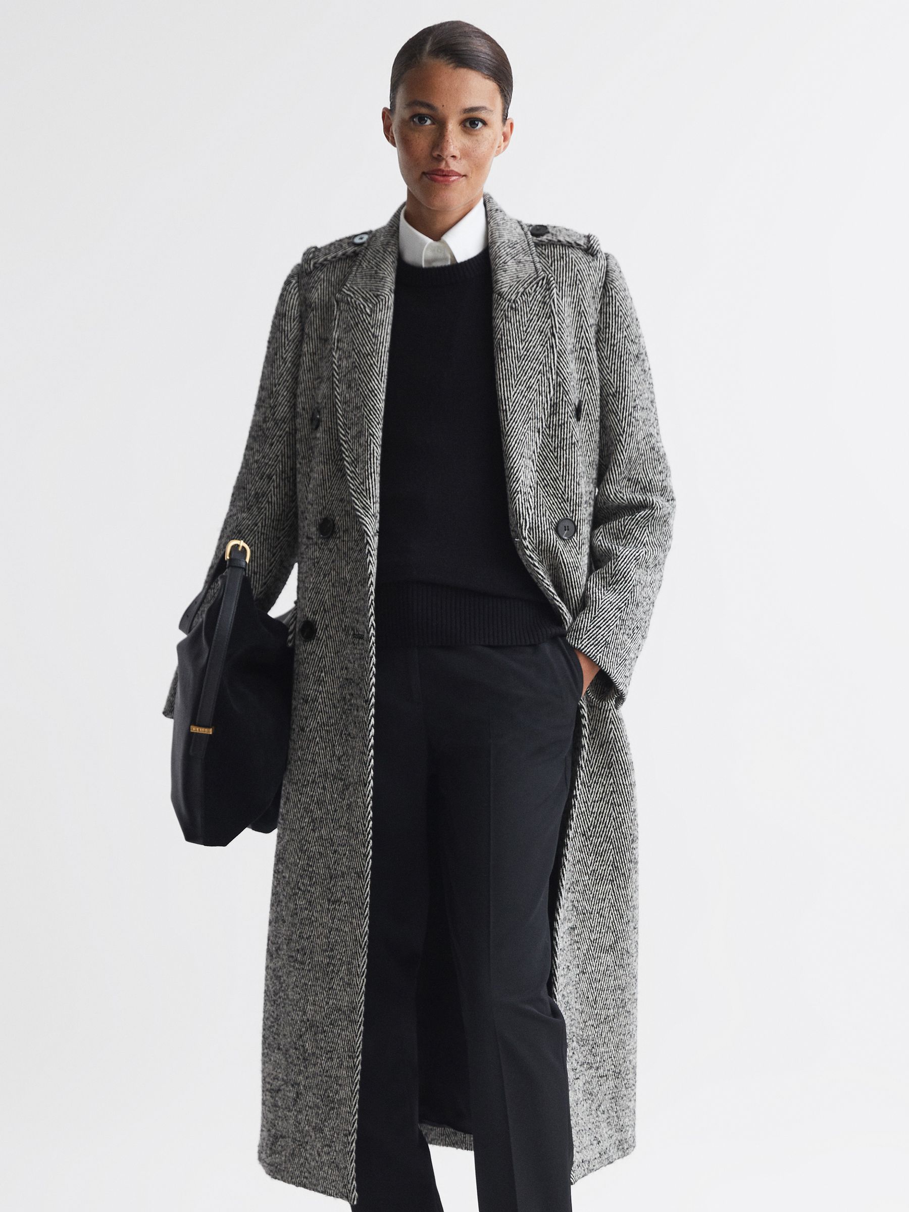 Wool Blend Herringbone Coat in Grey - Image 3 of 8