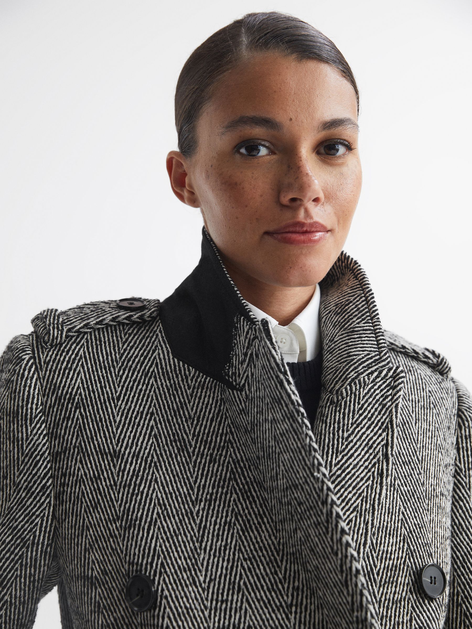 Wool Blend Herringbone Coat in Grey - Image 4 of 8