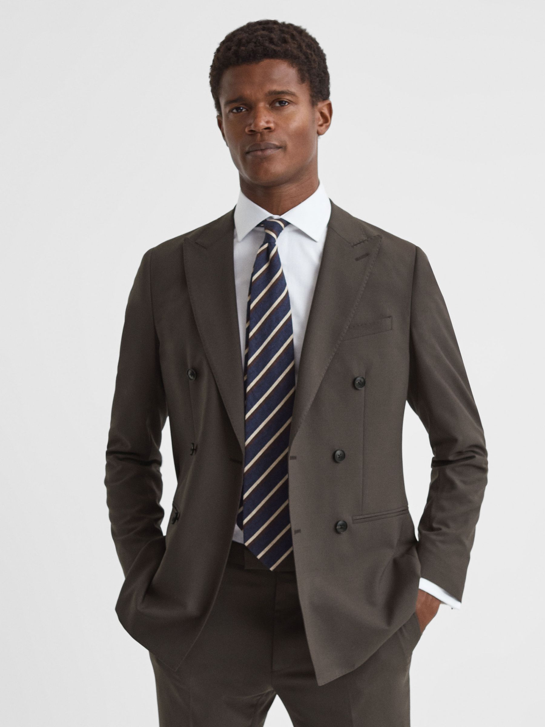 Slim Fit Wool Blend Double Breasted Blazer in Chocolate - Image 1 of 8